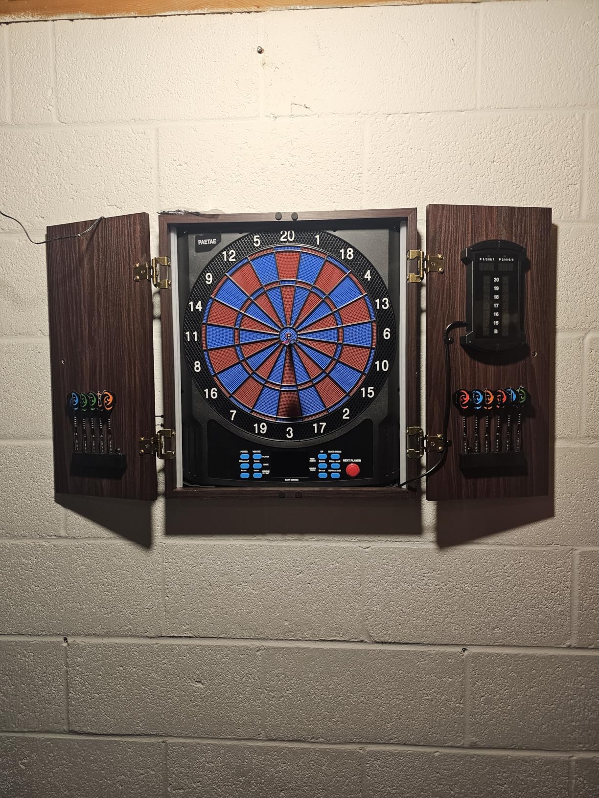 Electronic Dart Board with Cabinet Set, Electric Digital Dart Boards for Adults with Light Strips, Soft Tip Dartboard Cabinet Door with Large Cricket Display and Darts Storage for 12 Darts customer photo 2
