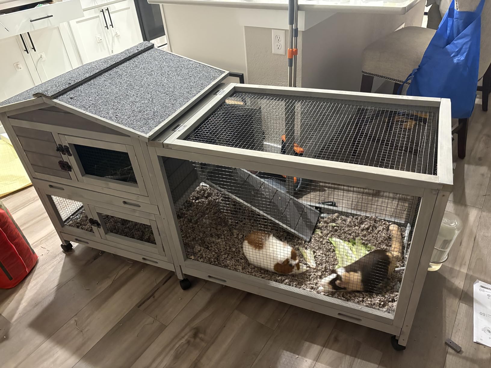 GUTINNEEN Large Rabbit Hutch Outdoor 2-Level Wooden Chicken Coop Indoor Weatherproof Bunny Cage Guinea Pig House with Waterproof Roof, Leak-Proof Pull Out Tray, Lockable Door for Small Animals (Grey) customer photo 1