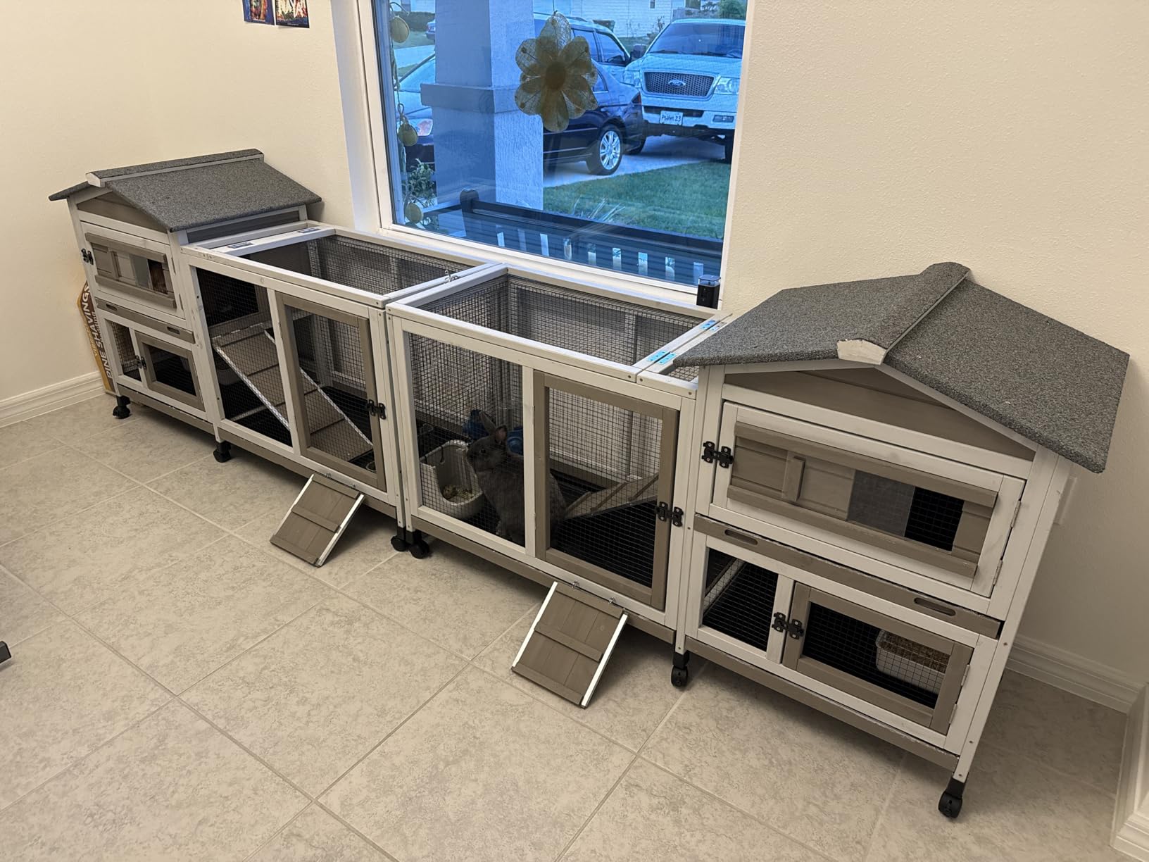 2 Story Rabbit Hutch Outdoor Indoor, Wooden Bunny Cage with 6 Lockable Wheels, 3 Removable No Leakage Pull Out Trays, Chew-Proof Ramp & Waterproof Roof, Ideal for Rabbit & Guinea Pig customer photo 2