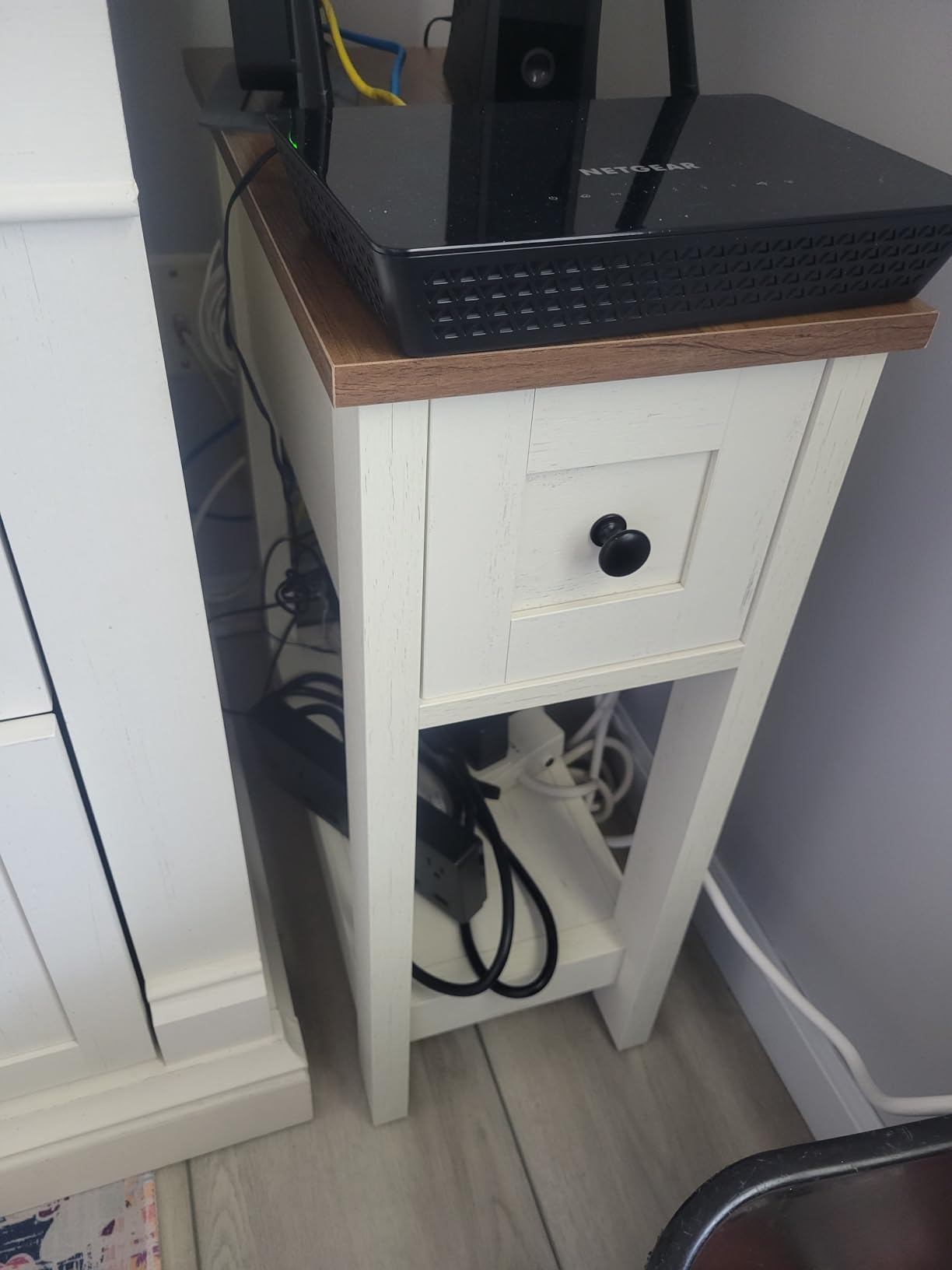 VASAGLE Farmhouse End Table with Storage Drawer, Narrow Side Table with Charging Station, Nightstand, Honey Brown and Rustic White customer photo 1