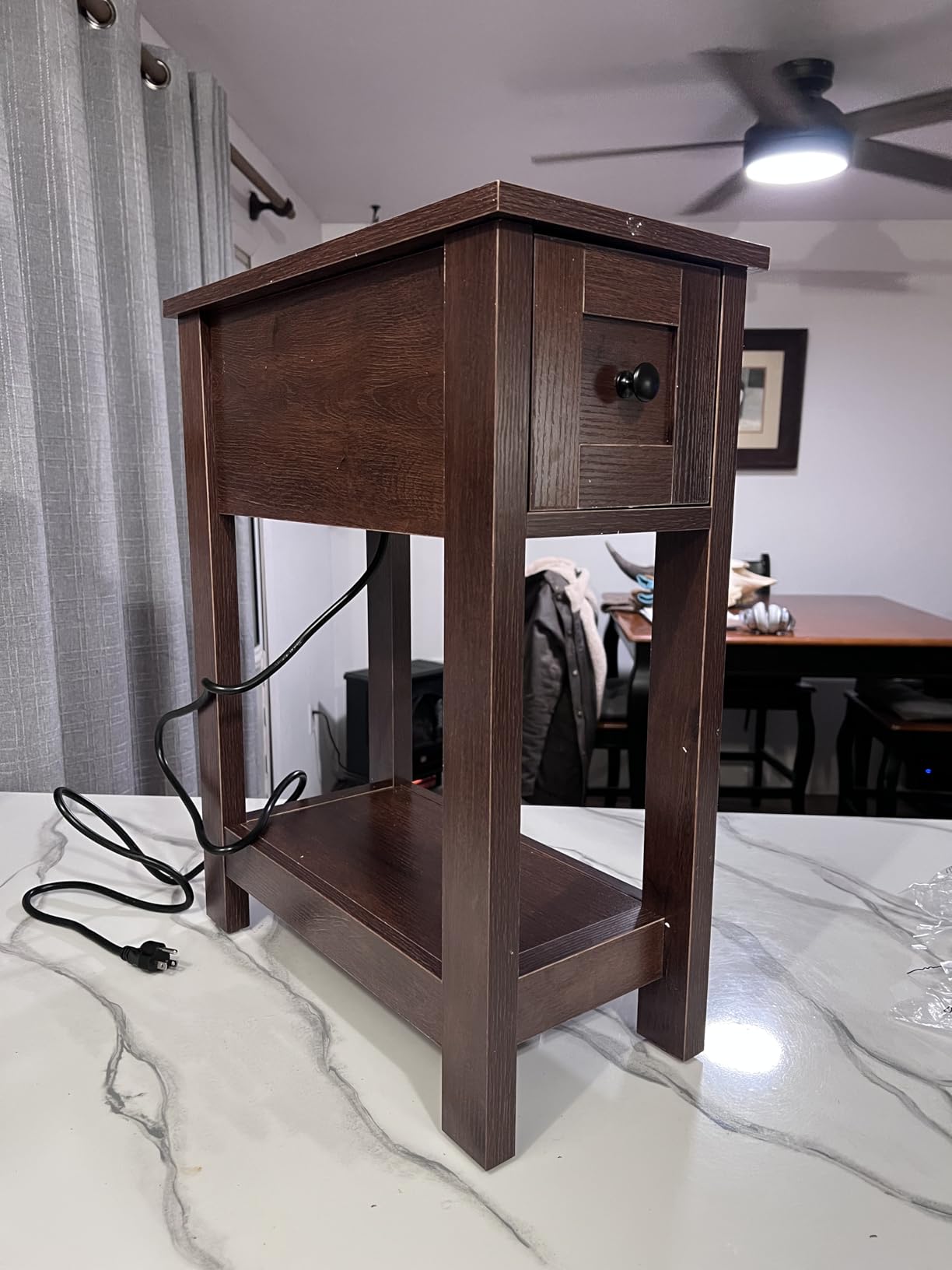 VASAGLE Farmhouse End Table with Storage Drawer, Narrow Side Table with Charging Station, Nightstand, Honey Brown and Rustic White customer photo 2