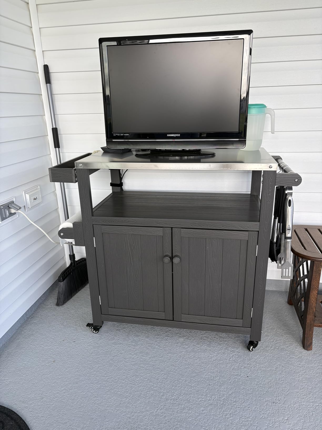 Weatherproof HIPS Outdoor Kitchen Island with Stainless Steel Top and Storage Cabinet, Movable Prep Table with Wheels for BBQ Food Prep, Outdoor Grill Cart for Parties, Black customer photo 1