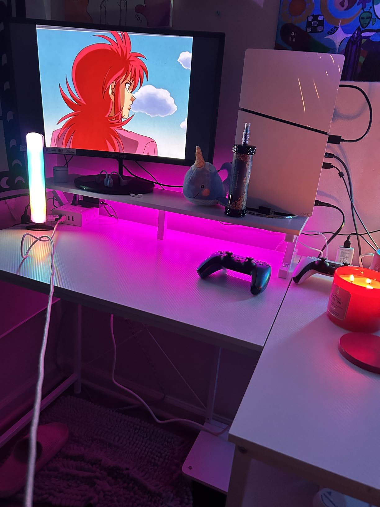 DUMOS Gaming Desk, Computer Desk with USB Charging Ports, Power Outlets, Type-C and LED Lights, Reversible L Shaped Desk with Storage Shelves & Monitor Stand customer photo 2