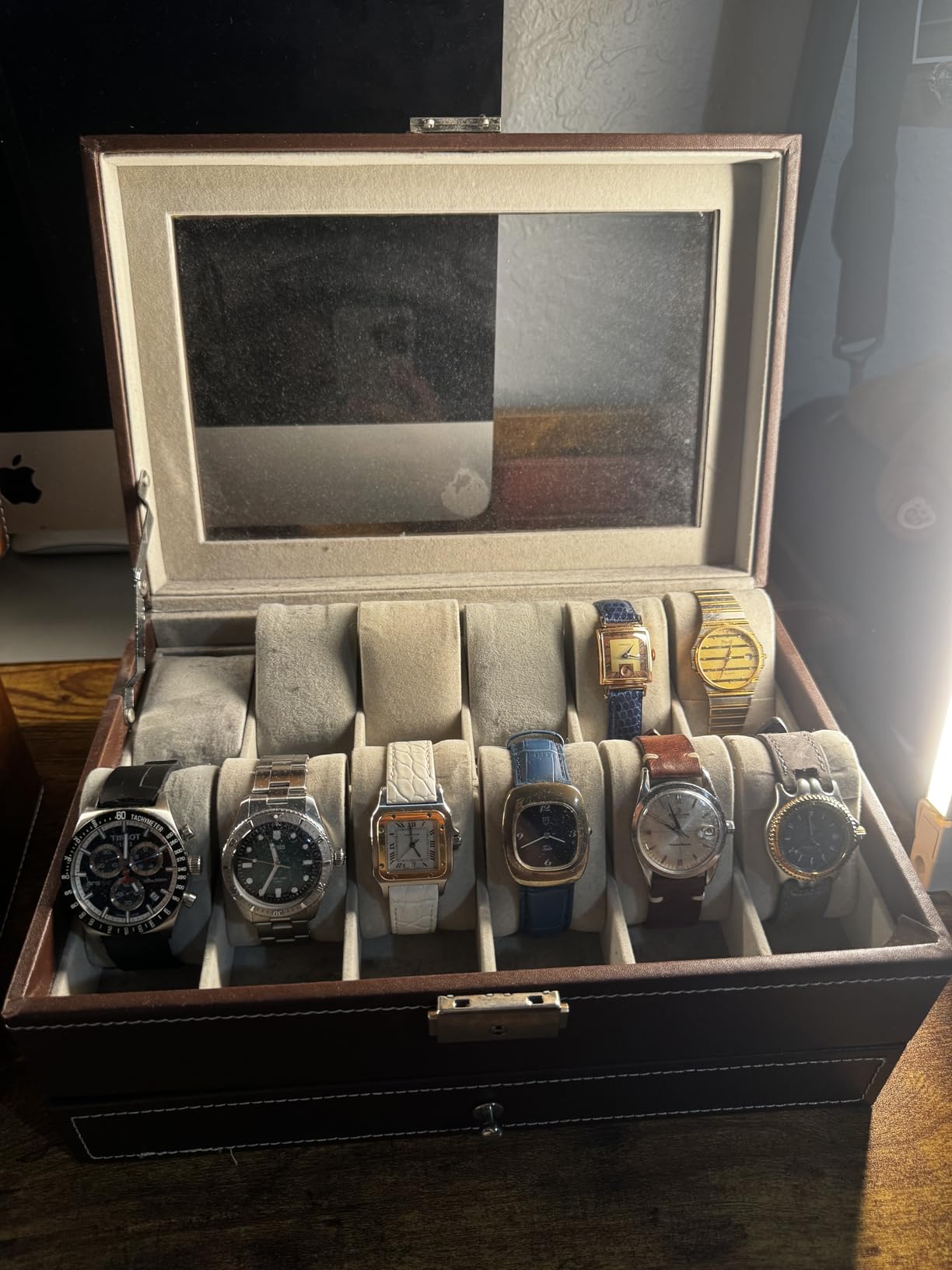 ROTHWELL 12 Slot Leather Watch Box with Valet Drawer - 12 Slot Luxury Watch Case Display Organizer, Microsuede Liner, Mens Accessories Holder (Tan/Brown) customer photo 2
