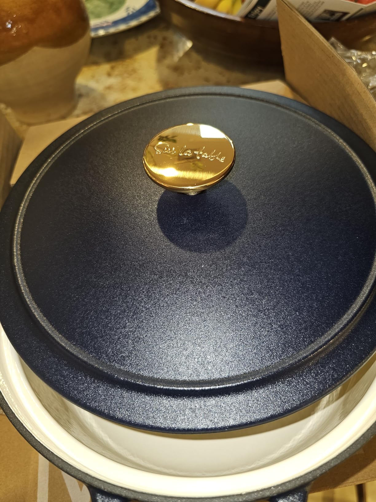 Sur La Table Kitchen Essentials 4-Piece Enameled Cast Iron Stackable Cookware Set, 5.3 Qt Dutch Oven with Lid, Braiser & Grill Pan, Navy Blue, Gold Knob Oven Safe to 500°F, Induction Compatible customer photo 1