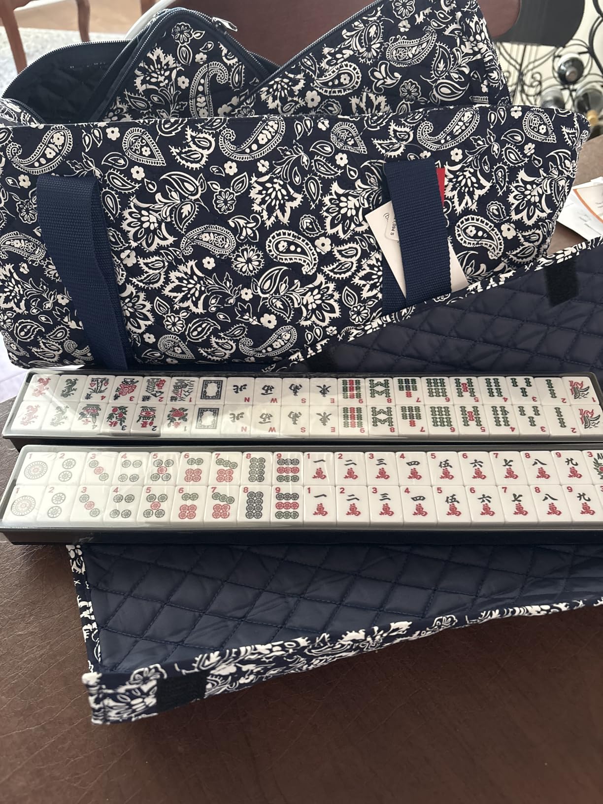 Linda Li American Mahjong Set - 166 Premium White Tiles, 4 All-in-One Rack/Pushers, Blue Paisley Soft Bag - Classic Full Size Complete Mahjongg Set customer photo 1