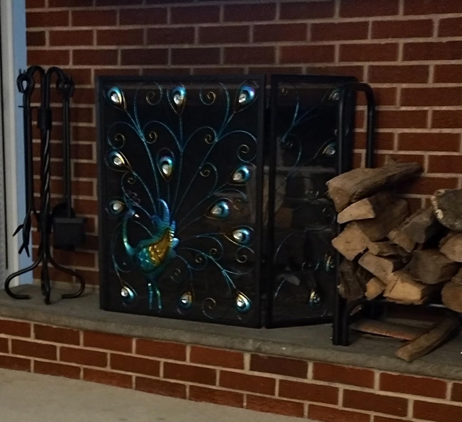 Deco 79 Metal Peacock Fireplace Screen Rainbow 3 Panel with Crystal Accents and Black Frame, 48