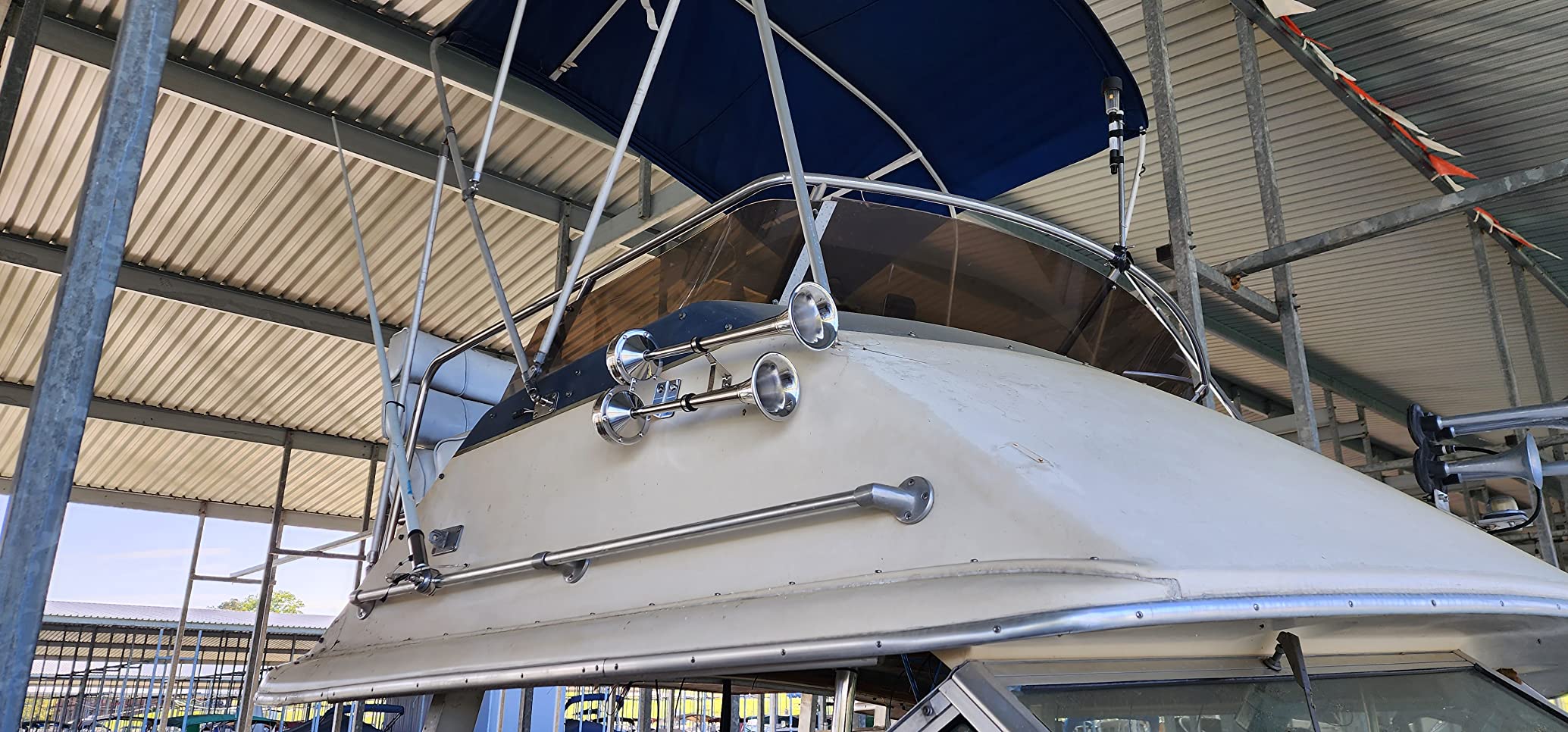 Amarine Made 12v Marine Boat Horn 125db Stainless Steel Dual Trumpet Horn for Ship Truck RV Trailer, Low and High Tone, 18-1/2