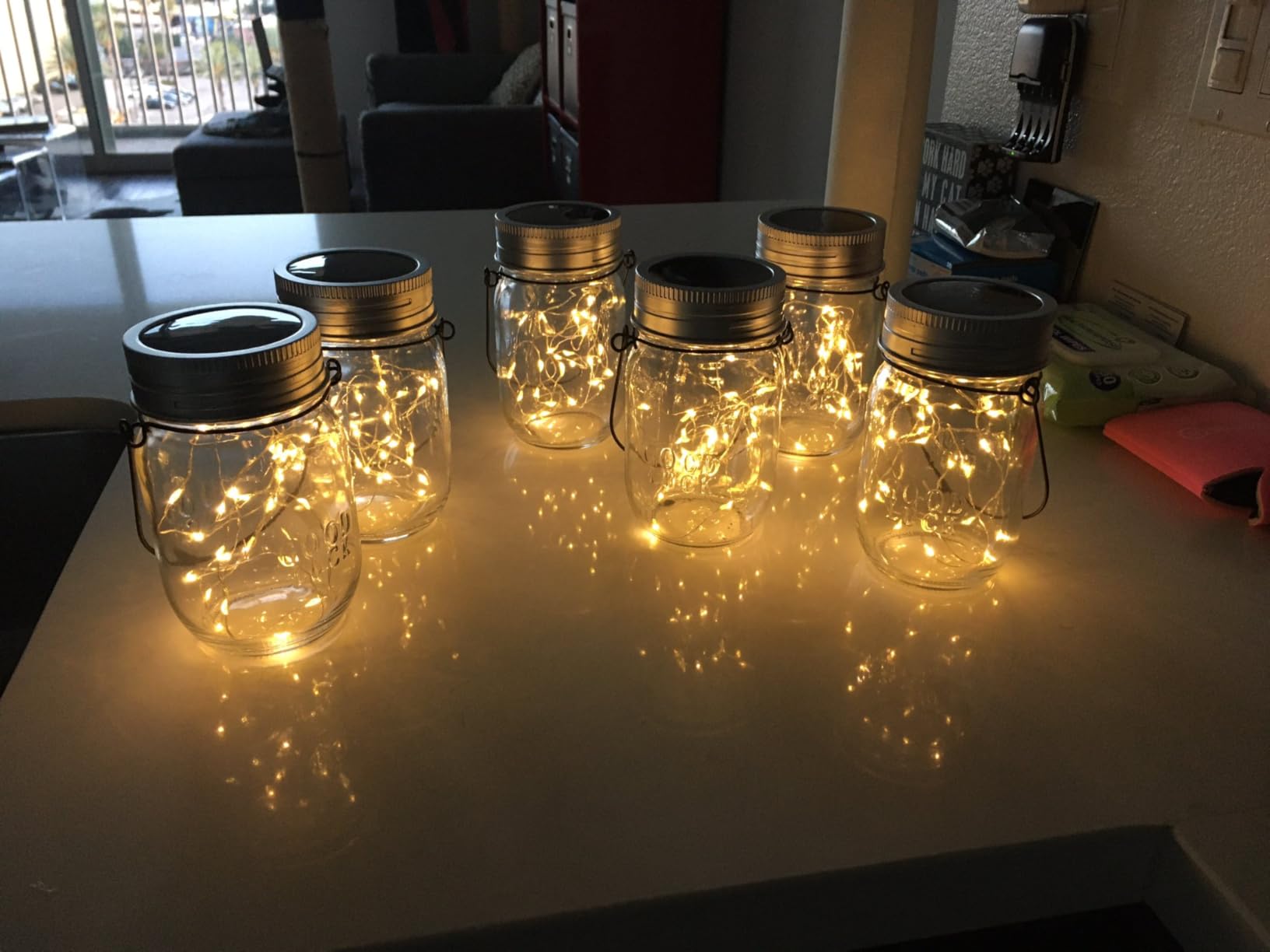 GIGALUMI Hanging Mason Jar Solar Lights, 6 Pack 30 Led Hanging Solar Lanterns Outdoor Waterproof, Hangers and Jars Included, Outdoor Decor for Balcony, Garden, Patio, Yard, Wedding customer photo 2