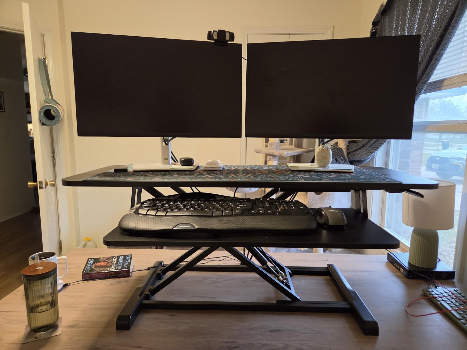 TechOrbits Standing Desk Converter - 32 Inch Adjustable Sit to Stand Up Workstation, Particle Board, Dual Monitor Desktop Riser with Keyboard Tray, for Home Office Laptop, Black customer photo 2