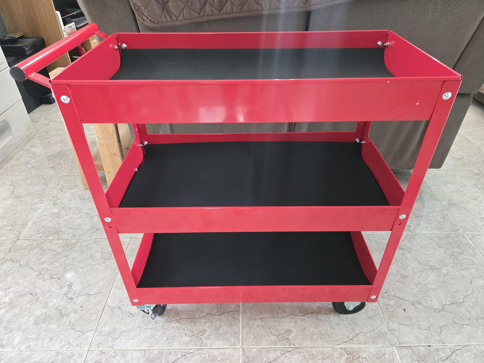 BIG RED Steel Rolling Service Tool Cart with 3 Tires, Heavy Duty Utility Cart on Wheels with Two Brake for Office, Kitchen, warehouse, 400 lbs Capacity, Red customer photo 2