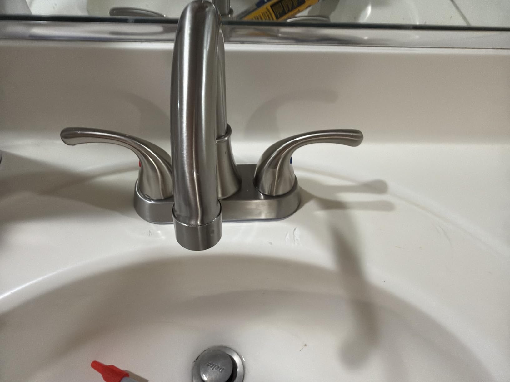 Bathroom Sink Faucet FRANSITON 4 Inch Faucet 2 Handle Bathroom Sink Faucets Lead-Free Brushed Nickel Bath Sink Faucets with Pop-up Drain Stopper and Supply Hoses customer photo 1