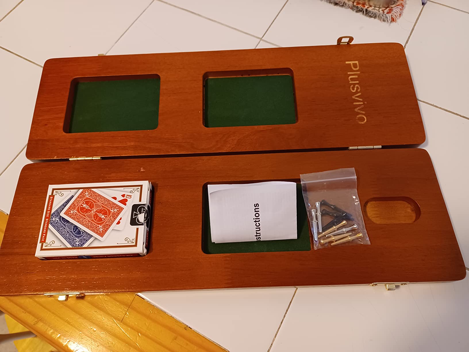 Cribbage Board Game Set 3 Tracks, Plusvivo Solid Oak Wood Cribbage Boards Unique with 9 Metal Pegs & 2 Storage Area, 15.5 X 4.9 X 1.2 in Travel Portable Cribbage Game Sets for Family customer photo 1