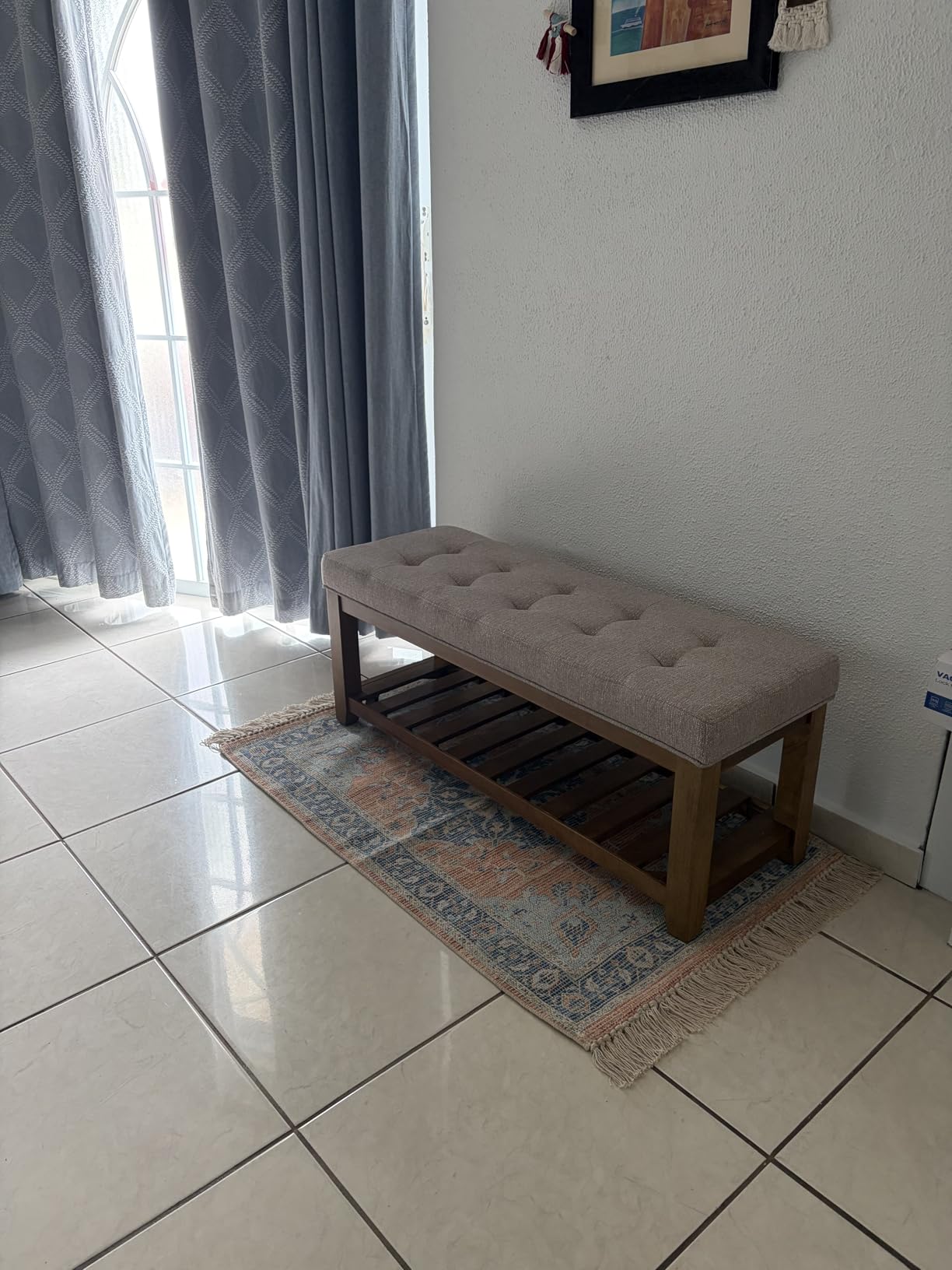 24KF Large Rectangular Upholstered Tufted Linen Fabric Ottoman Bench, Padded Bench with Solid Wood Shelf-Linen customer photo 1