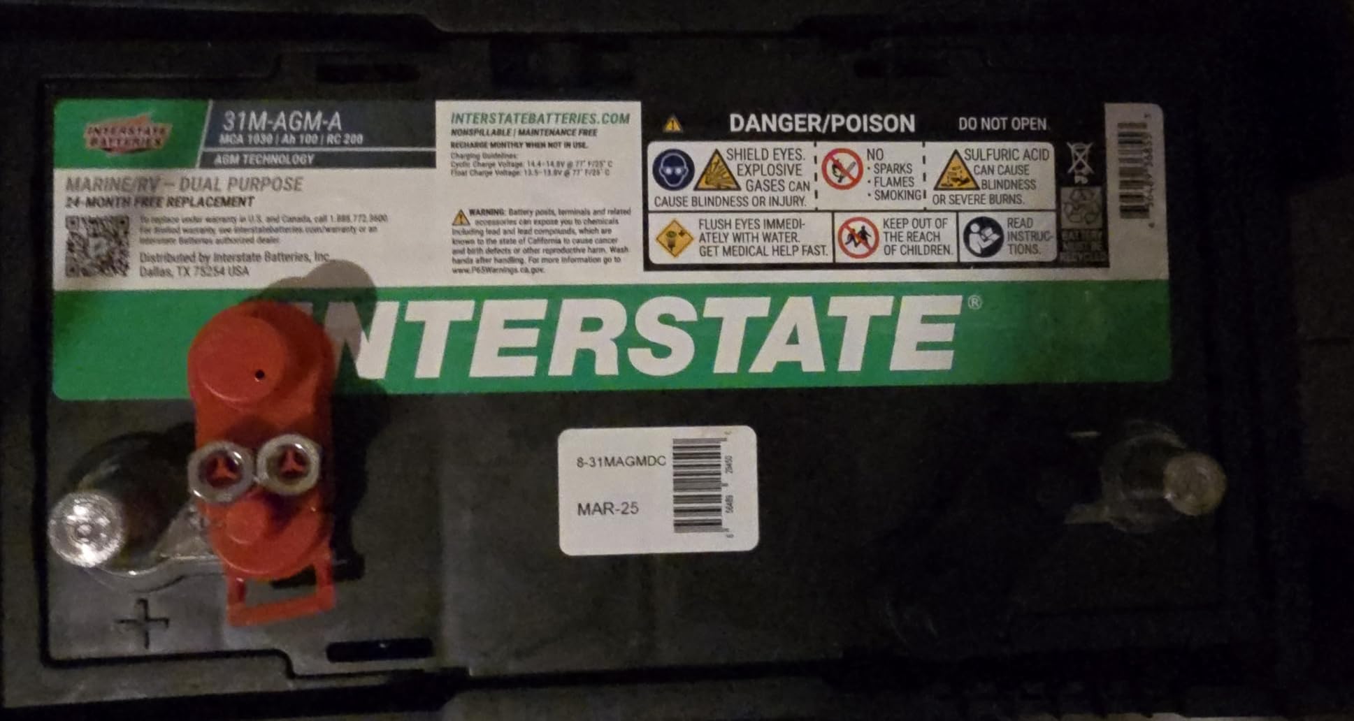 Interstate Batteries Marine/RV Battery 12V 100Ah 825CCA Dual Purpose Power Pure Lead AGM RV & Marine Starting Replacement Battery (Group Size 31M) Boats, RV's customer photo 2