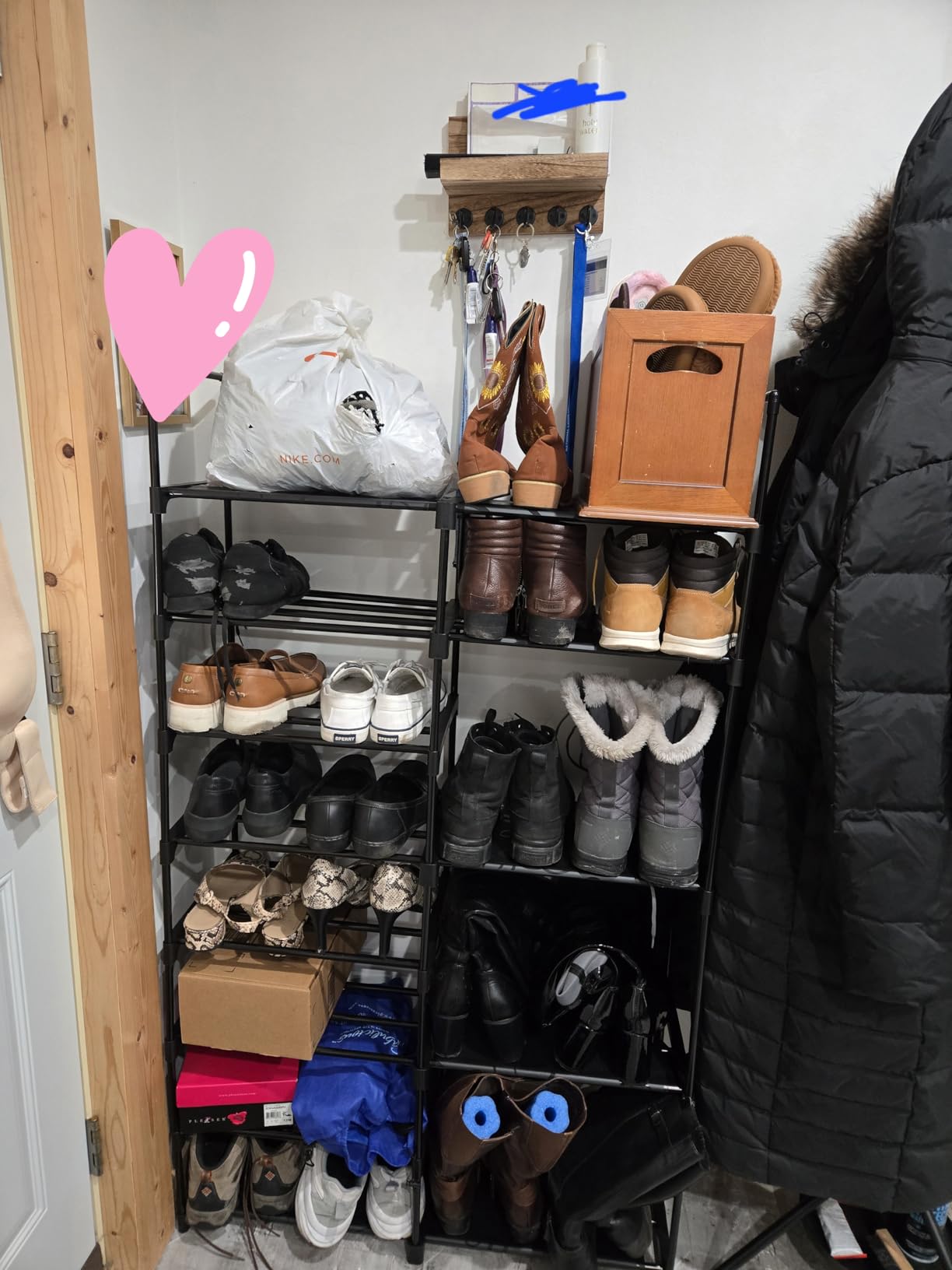 ROJASOP Shoe Rack Organizer, 8-Tier Metal Shoe Rack for Closet Entryway Garage, 26-32 Pairs Tall Shoe Boot Storage Shelf with 15 Hooks, Stackable Large Shoe Stand customer photo 1