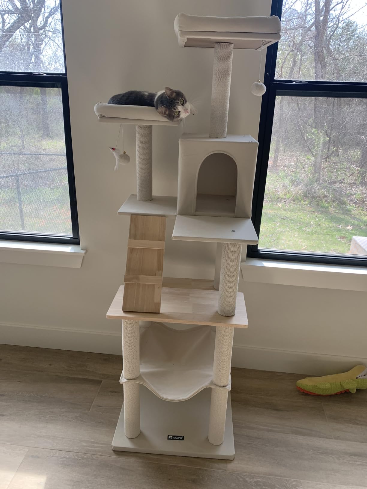 MWPO Large Modern Cat Tree, 70.1-Inch Wood Cat Tower for Indoor Cats, Multi-Level Tall Cat Condo with 2 Padded Perches, Hammock, Scratching Posts, Dangling Toys, Beige customer photo 1