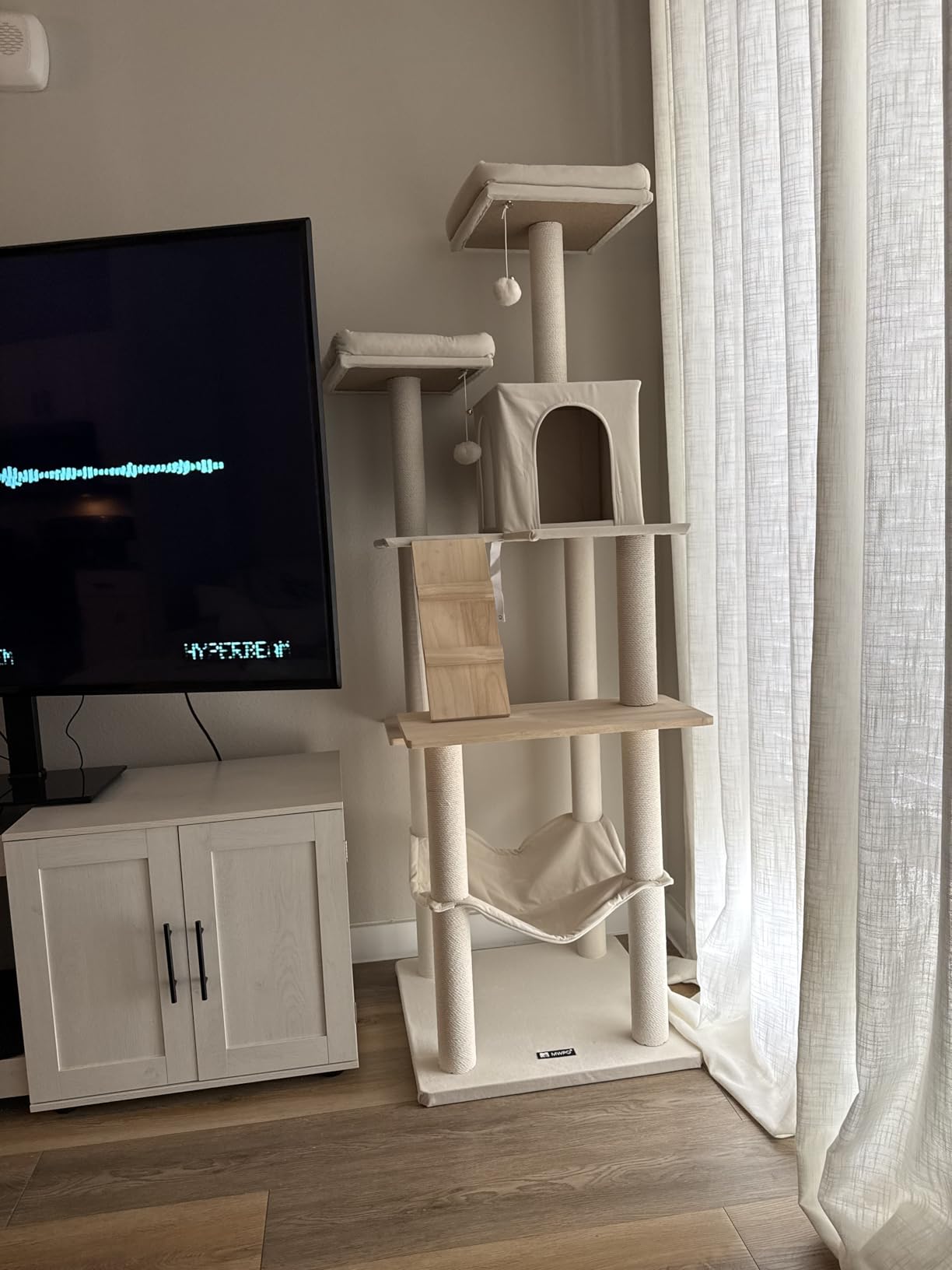 MWPO Large Modern Cat Tree, 70.1-Inch Wood Cat Tower for Indoor Cats, Multi-Level Tall Cat Condo with 2 Padded Perches, Hammock, Scratching Posts, Dangling Toys, Beige customer photo 2