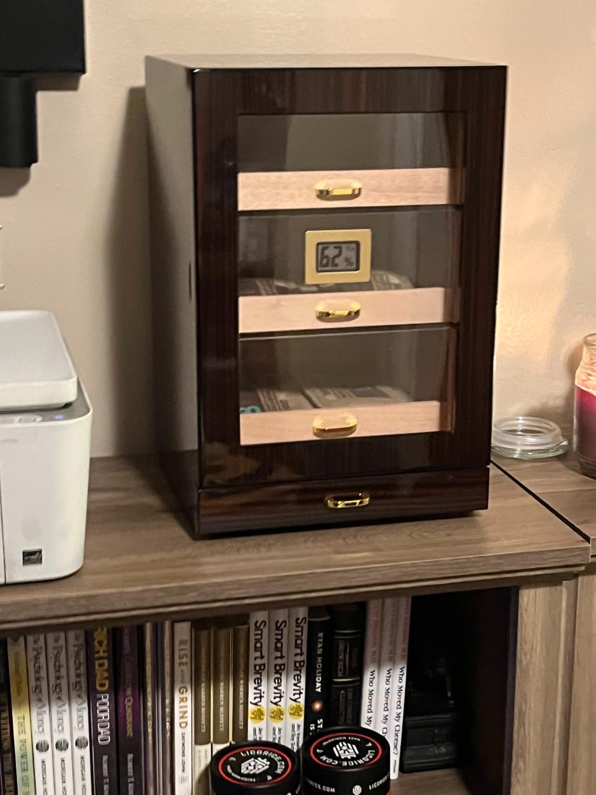Woodronic Cigar Humidor Cabinet with Accessory Drawer, Magnetic Door, 3 Spanish Cedar Drawers & Dividers, Digital Hygrometer & Humidifiers, Glossy Ebony Finish, Holds 150 Cigars, Cigar Gift for Men customer photo 1