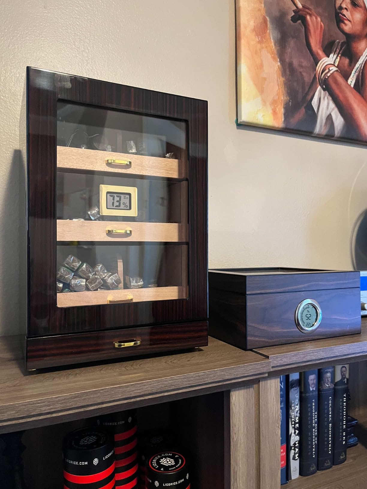 Woodronic Cigar Humidor Cabinet with Accessory Drawer, Magnetic Door, 3 Spanish Cedar Drawers & Dividers, Digital Hygrometer & Humidifiers, Glossy Ebony Finish, Holds 150 Cigars, Cigar Gift for Men customer photo 2