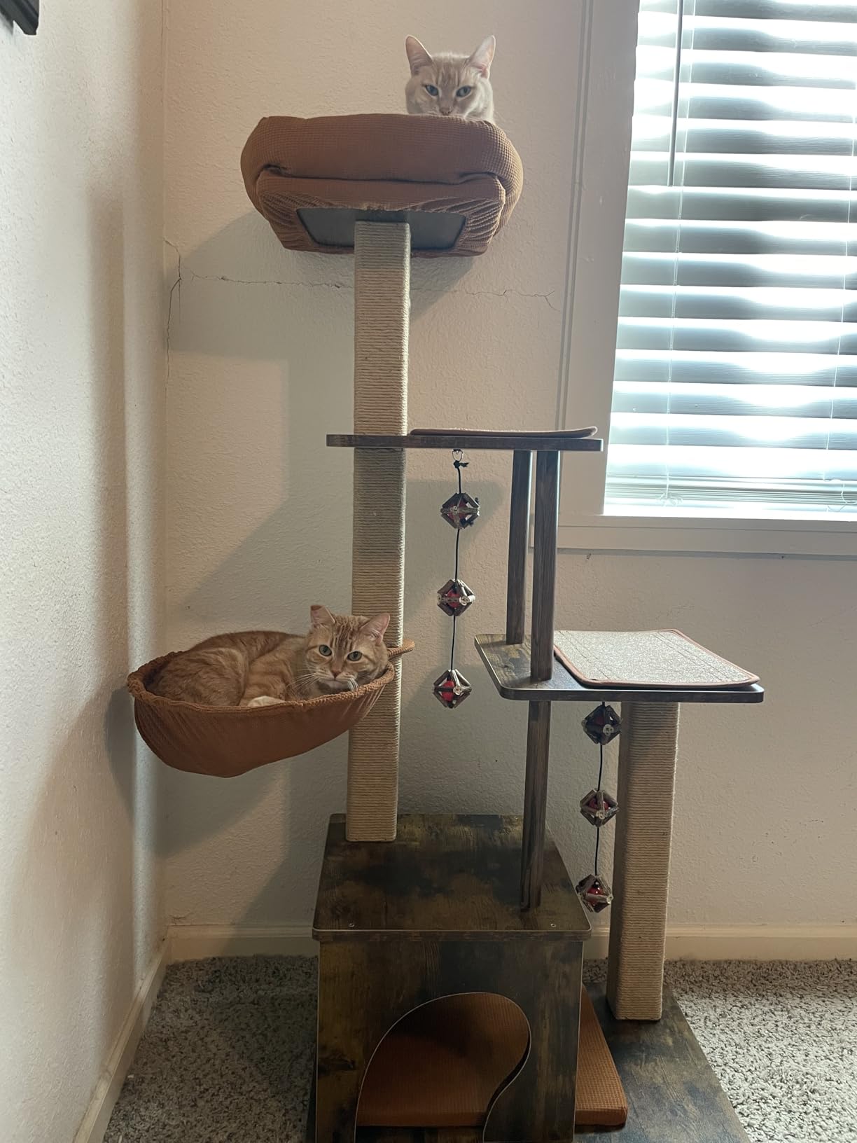 FUKUMARU Cat Tree, 4 in 1 Large Modern Cats Tower with Jute Scratching Post and Hammock, Wood Cat Condo with silvervine Balls, Brown Cat Climber Stand Playhouse for Indoor Cats, Retro Style customer photo 2