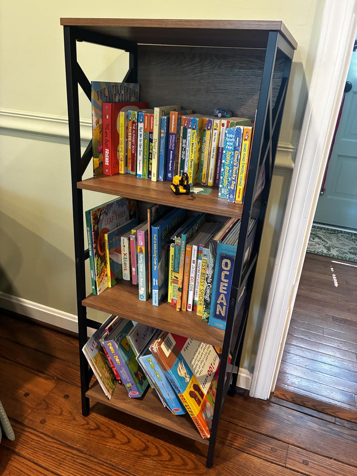MNEETRUNG Small Bookshelf, 3 Tier Industrial Bookcase with Metal Frame and Backboard, Low Rustic Brown Book Shelf, Book case for Small Spaces, Living Room, Bedroom and Home Office customer photo 2