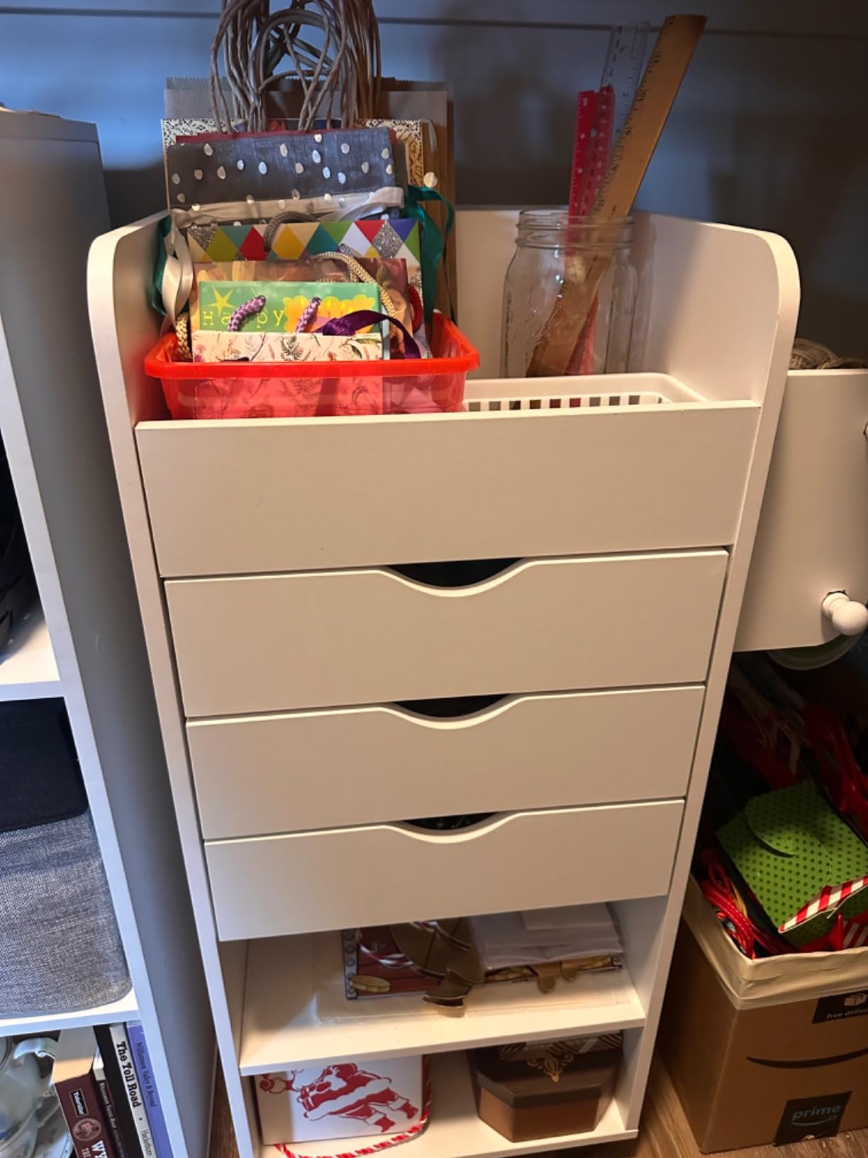 Giantex Craft Storage Cart - Utility Organizer Cart with 3 Drawers, 3 Shelves, 3 Slotted Compartments, 2 Rolling Rods, Crafting Sewing Cabinet on Wheels for Wrapping Paper Scrapbook Ribbon (White) customer photo 2