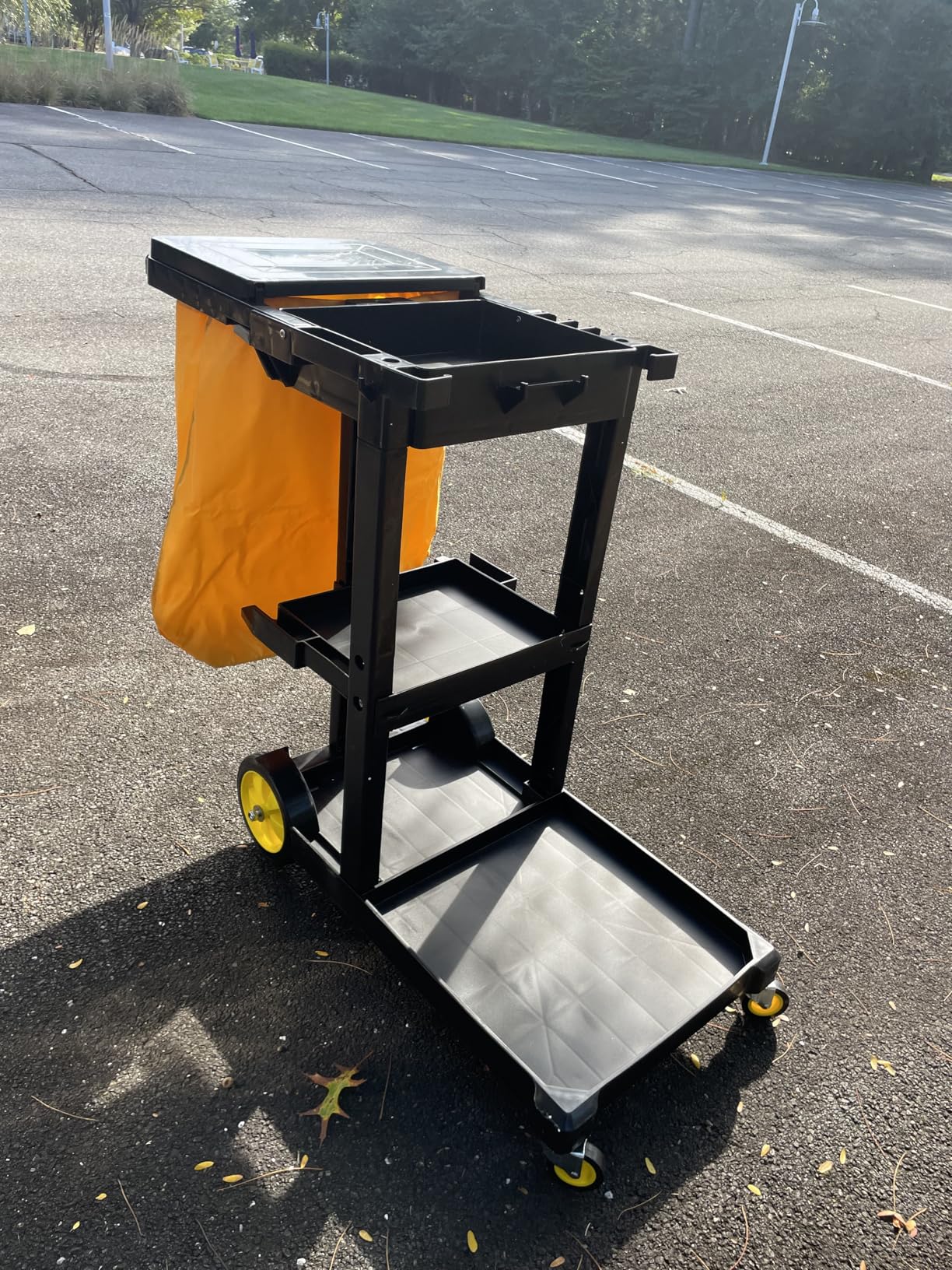 YITAHOME Cleaning Carts on Wheels, Janitorial Cart, 3-Shelf Commercial Traditional Plastic Housekeeping Cart, with 2 Yellow 25 Gallon Vinyl Bag customer photo 1