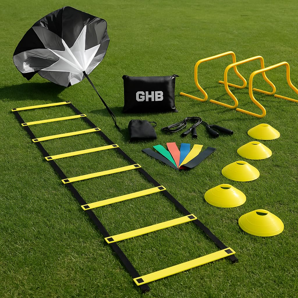 GHB Agility Ladder, Football Training Equipment Set, 4 Agility Hurdles, 20 feet 12 Rungs Speed Ladder, 12 Disc Cones, Resistance Parachute, Jump Rope, 5 Resistance Bands customer photo 1