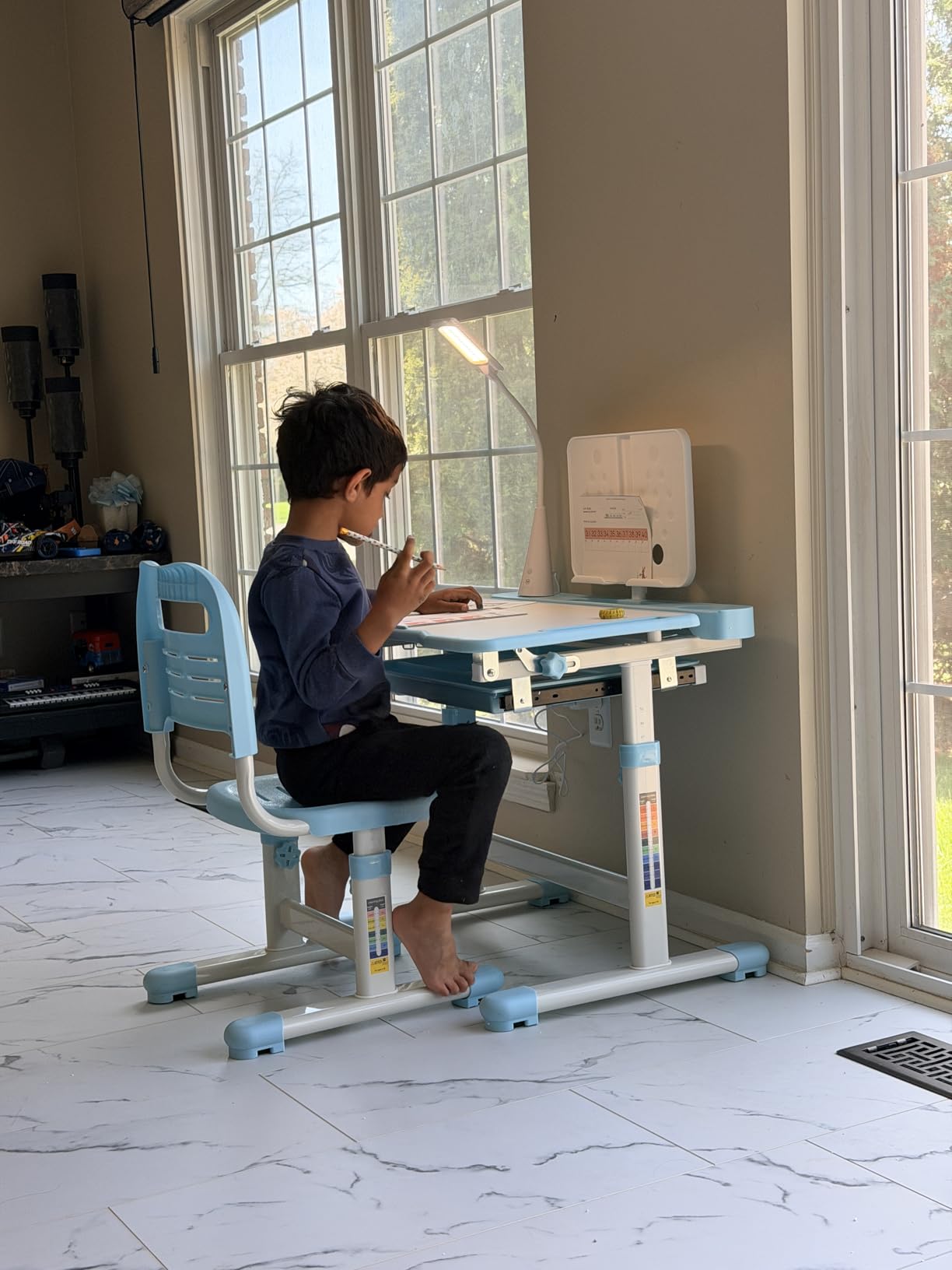 Rengue Kids Desk and Chair Set, Height Adjustable Children School Functional Study Desk with 55 Degree Tiltable Desktop, 3 Modes & Brightness LED Light, Storage Drawer & Metal Hook for Boys Girls (Grey) customer photo 1