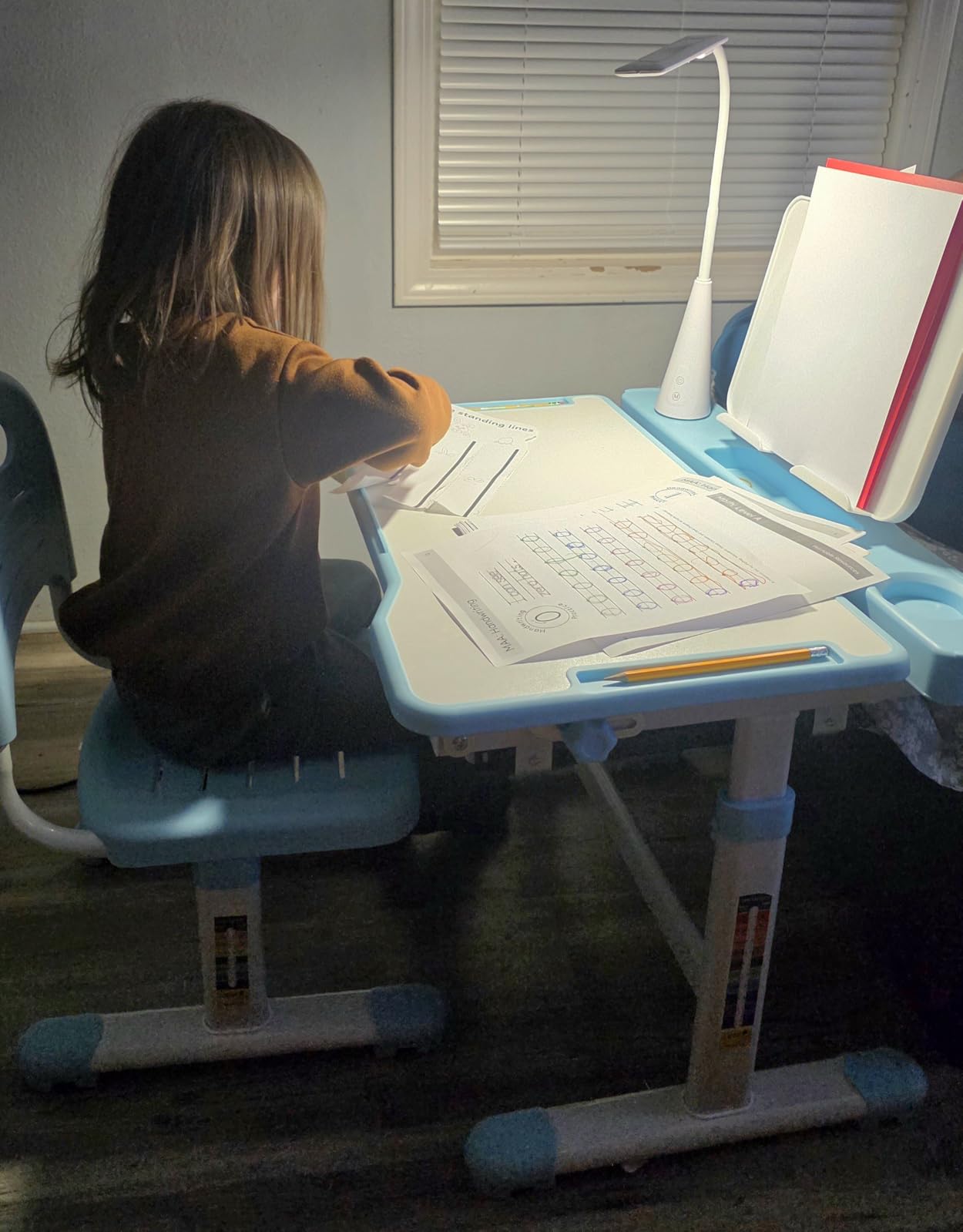 Rengue Kids Desk and Chair Set, Height Adjustable Children School Functional Study Desk with 55 Degree Tiltable Desktop, 3 Modes & Brightness LED Light, Storage Drawer & Metal Hook for Boys Girls (Grey) customer photo 2