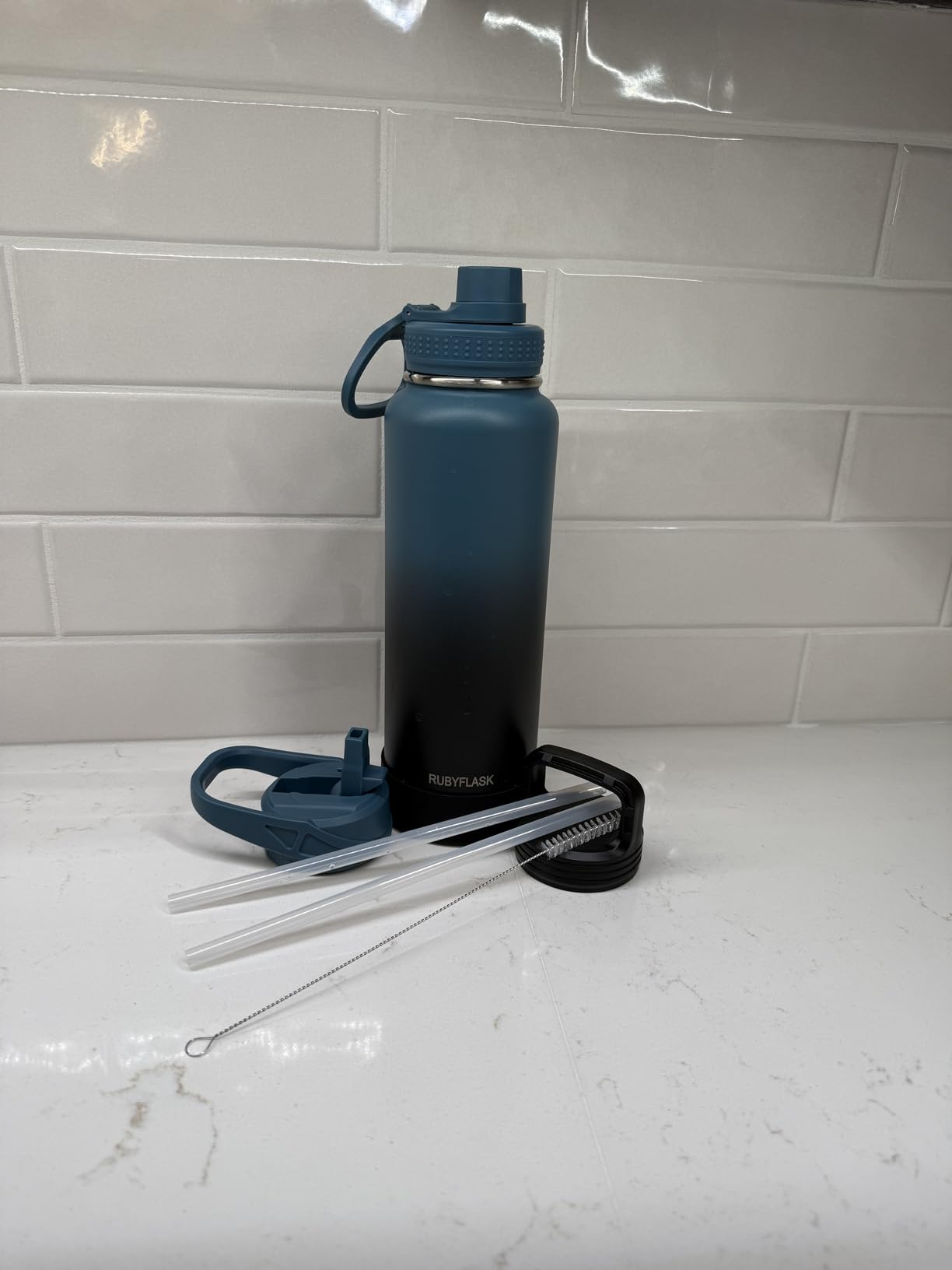 RUBYFLASK 32oz Insulated Water Bottle with Straw, Stainless Steel Metal Vacuum Water Flask, Large Thermal Water bottle with Leakproof 3 Lids for Travel, Camping, Gym Sports Indigo Black customer photo 1