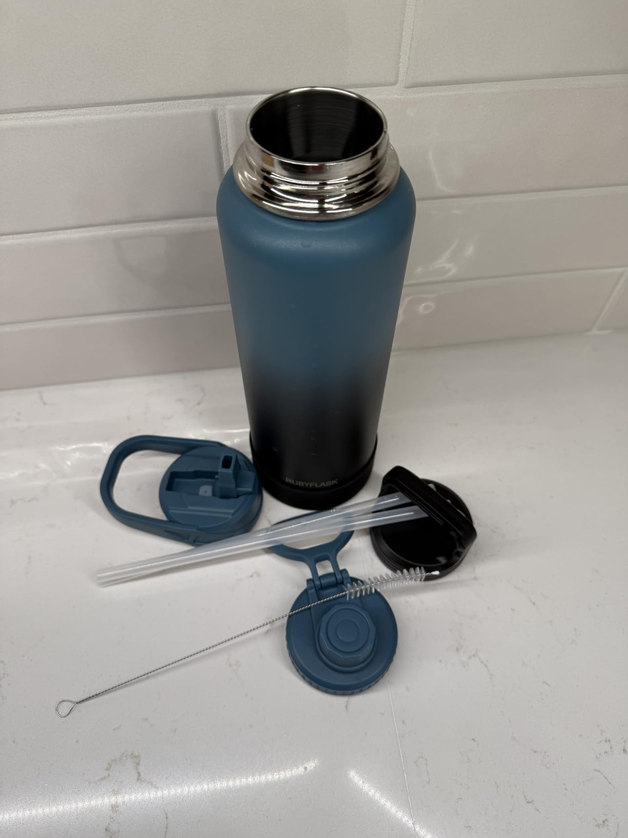 RUBYFLASK 32oz Insulated Water Bottle with Straw, Stainless Steel Metal Vacuum Water Flask, Large Thermal Water bottle with Leakproof 3 Lids for Travel, Camping, Gym Sports Indigo Black customer photo 2