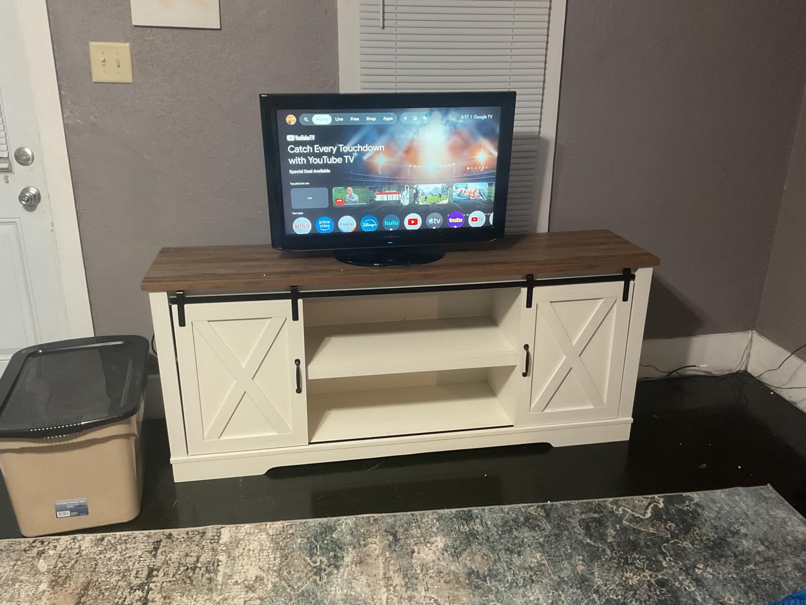 AMERLIFE 4-Piece Farmhouse Table Set Includes Sliding Barn Door TV Stand, Coffee Table & Two End Tables, Side Table with Charging Station and USB Ports, for Living Room, Dark Oak, 66
