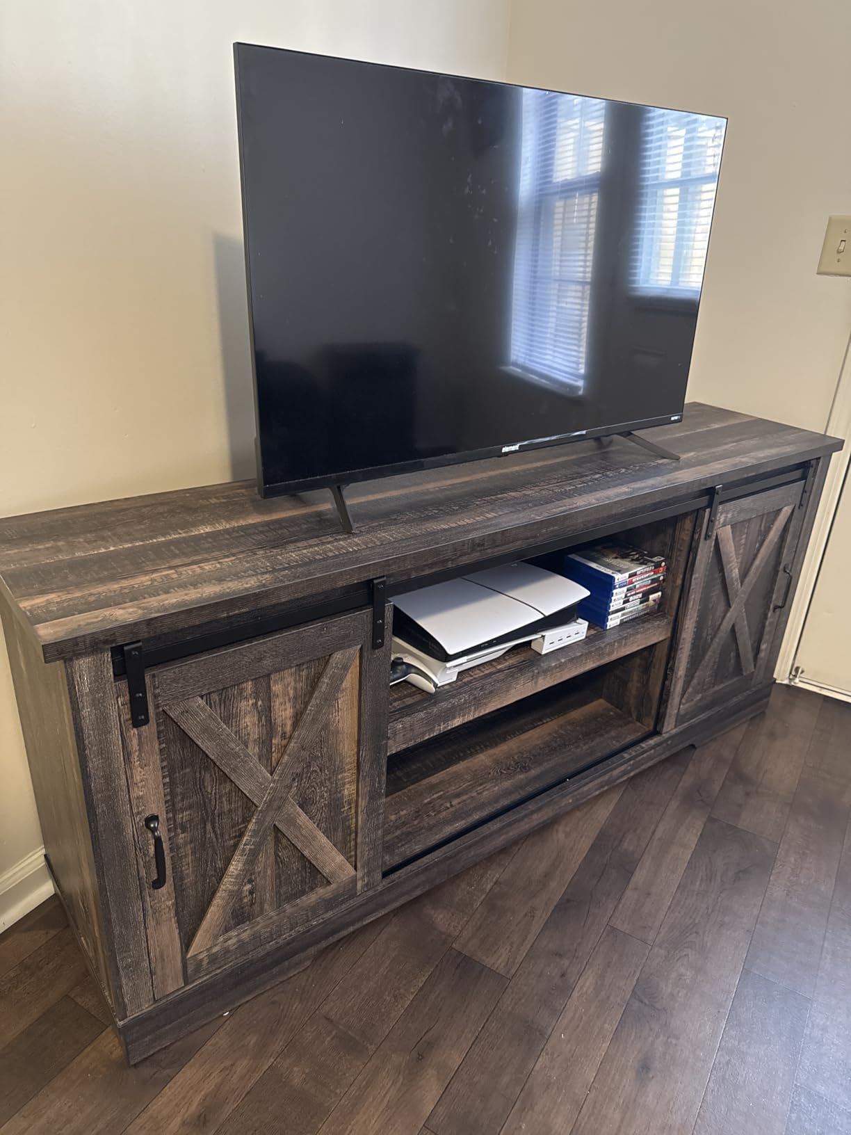 AMERLIFE 4-Piece Farmhouse Table Set Includes Sliding Barn Door TV Stand, Coffee Table & Two End Tables, Side Table with Charging Station and USB Ports, for Living Room, Dark Oak, 66