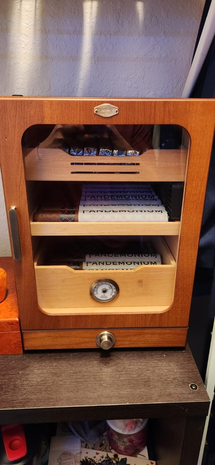 Tesonway Cigar Humidor, Desktop Cigar Humidor Cabinet Light Control System with Spanish Cedar Wood Shelves, Hygrometer, 3 Humidifiers and Cigar Accessories Drawer, Father's Day Gift for Men (Brown) customer photo 2