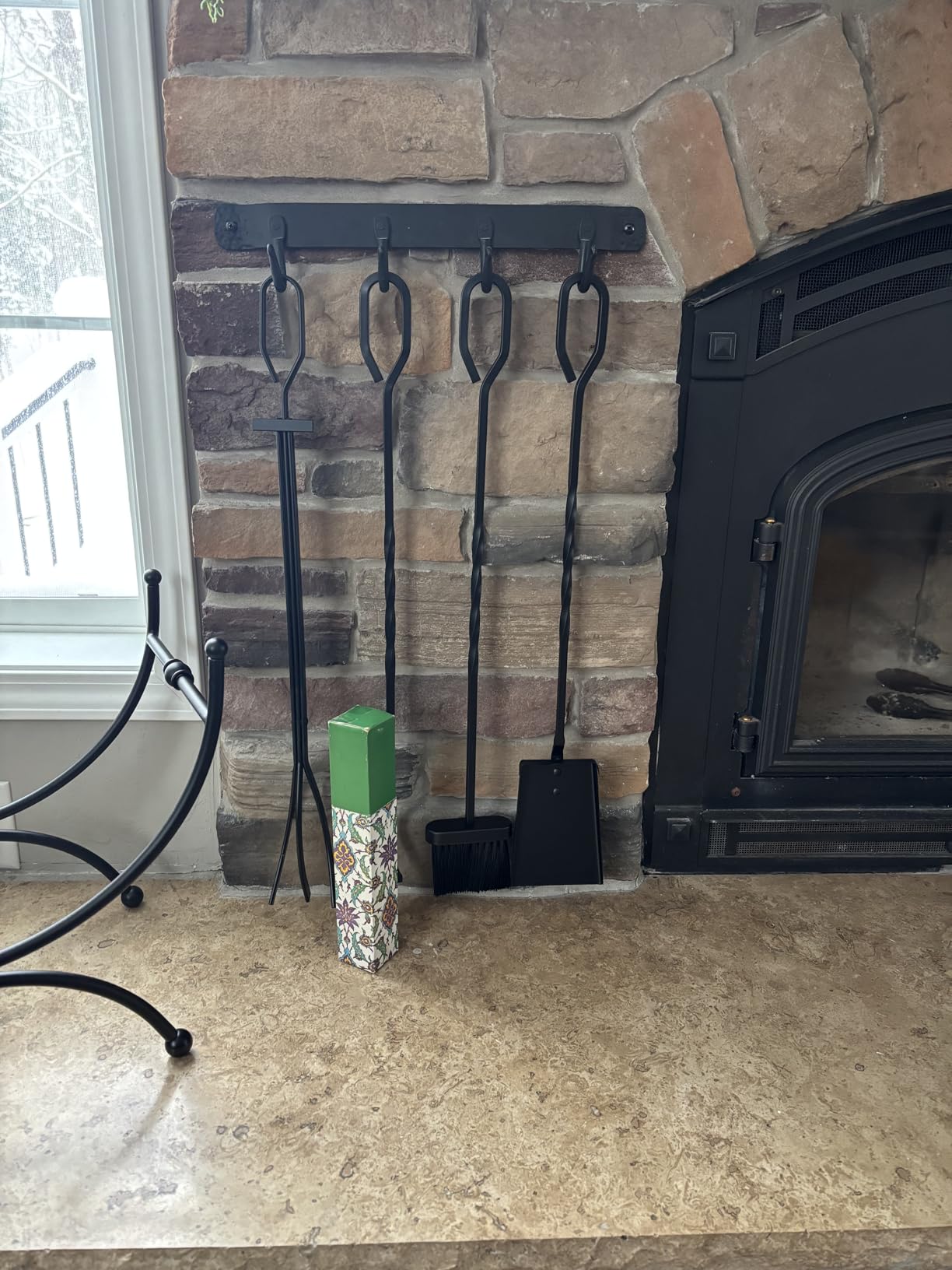 Gtongoko Fireplace Tools Set 5 Pieces 32 Inch Modern Black Wrought Iron Large Fire Tool Set for Outdoor/Indoor Include Chimney Poker, Tongs, Shovel, Brush and Stand Accessories Set customer photo 2