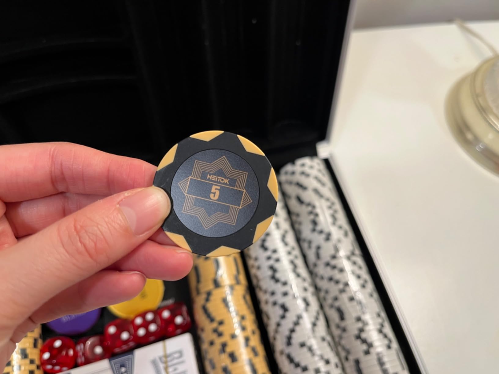 HEITOK 300 Piece Poker Chip Set 14g Clay Composite Numbered for Blackjack | 2-8 players, 2 decks and 5 dice, dealer, small blind and big blind buttons, organized aluminum storage, home table setup customer photo 2