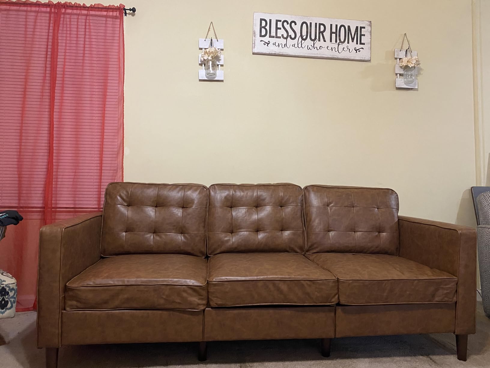84 Inches Modern Faux Leather 3-Seat Sofa w/2 Bolster Pillows & Tufted Backrest, Mid-Century Couch, Premium 3 Seaters Sofa for Living Room, Bedroom, Office, Brown customer photo 1