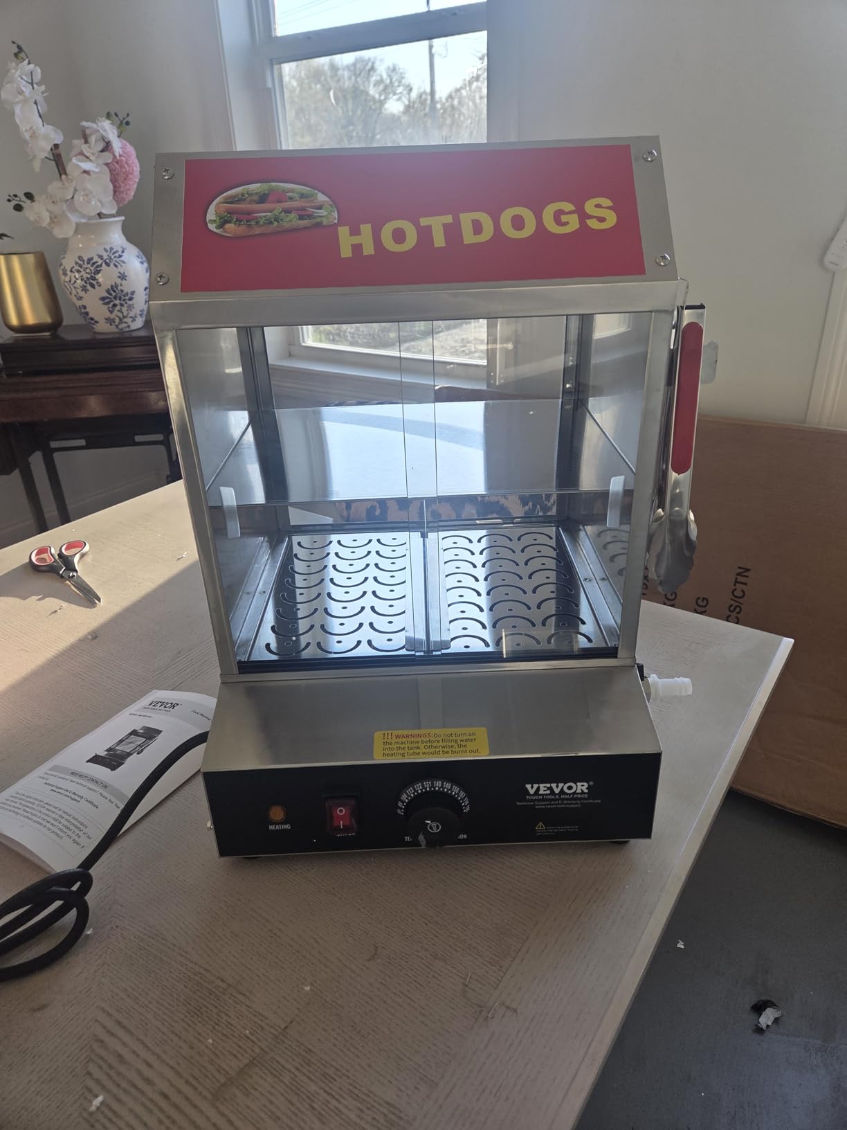 VEVOR Hot Dog Steamer, 28.5QT, 2-Tier Hot Dog Hut Steamer, 86℉~185℉ Temperature Control, Electric Bun Warmer with Tempered Glass Slide Doors Partition Plate Tong, Stainless Steel, for Hot Dogs & Buns customer photo 1