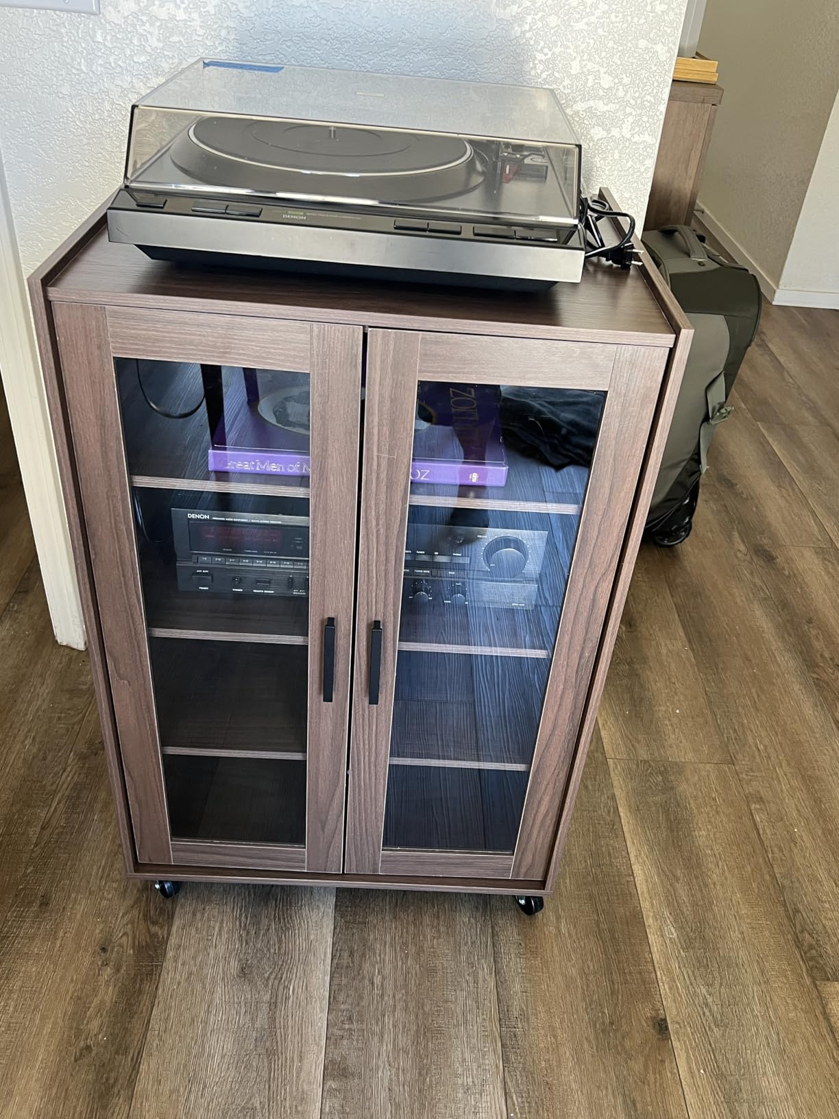 ELECWISH Media Storage Cabinet, Audio-Video Media Stand, Stereo Cabinet with 4 Height-Adjustable Shelves, AV Rack with Glass Doors for Meeting, Living, Recording Room, Brown customer photo 2