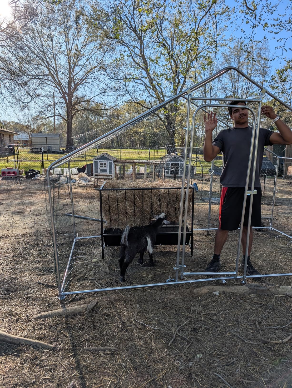 Pasture Hay Feeder 69 Gallon, Livestock 2 in 1 Hay and Grain Feeder, Heavy-Duty Galvanized Metal Goat Feeder with 2 Trays, Pasture Feeder for Goat, Sheep, Foal customer photo 1