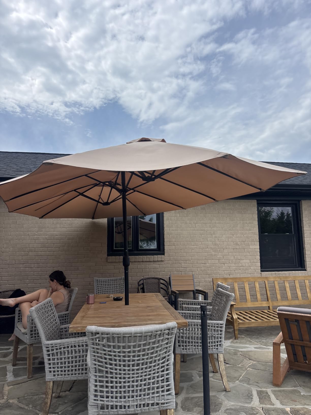DomeShade 15ft Patio Umbrella with Base, Large Outdoor Double-Sided Rectangle Umbrella with Crank Handle, Market Umbrella for Poolside Garden Deck Backyard Beach Pools, Beige customer photo 1