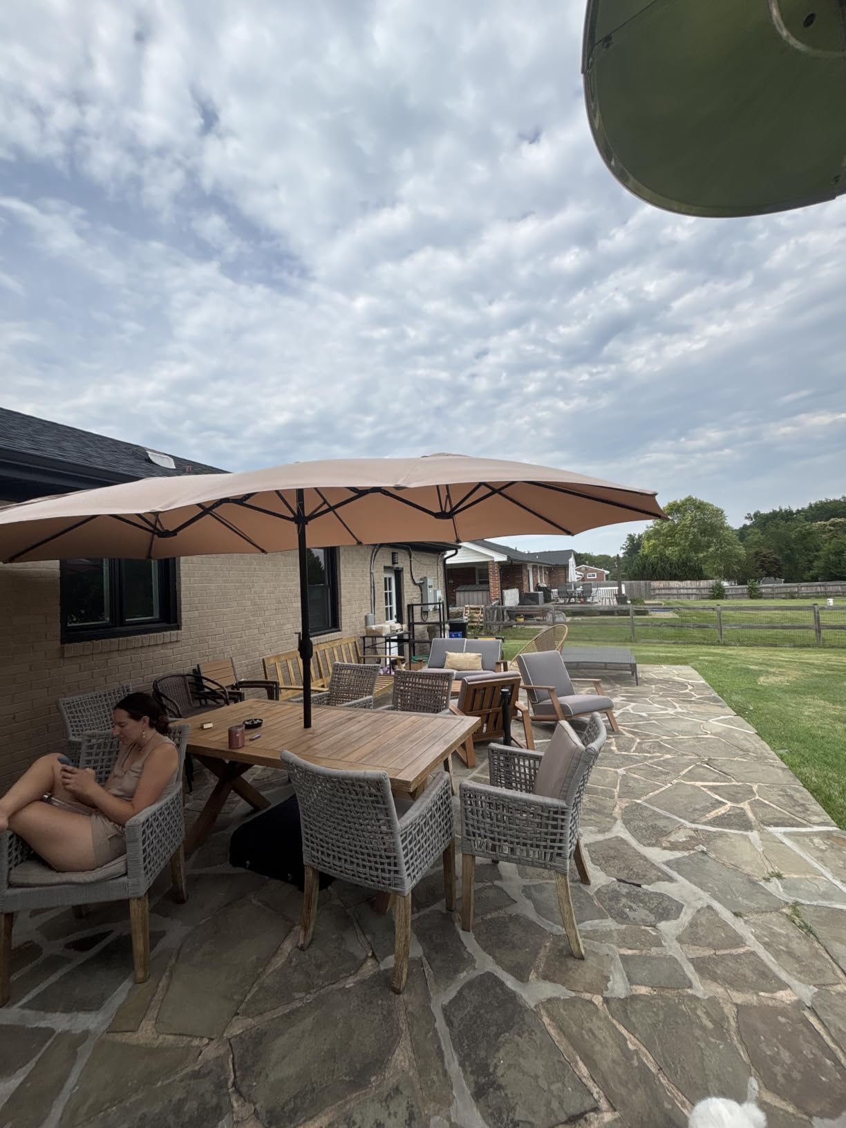 DomeShade 15ft Patio Umbrella with Base, Large Outdoor Double-Sided Rectangle Umbrella with Crank Handle, Market Umbrella for Poolside Garden Deck Backyard Beach Pools, Beige customer photo 2