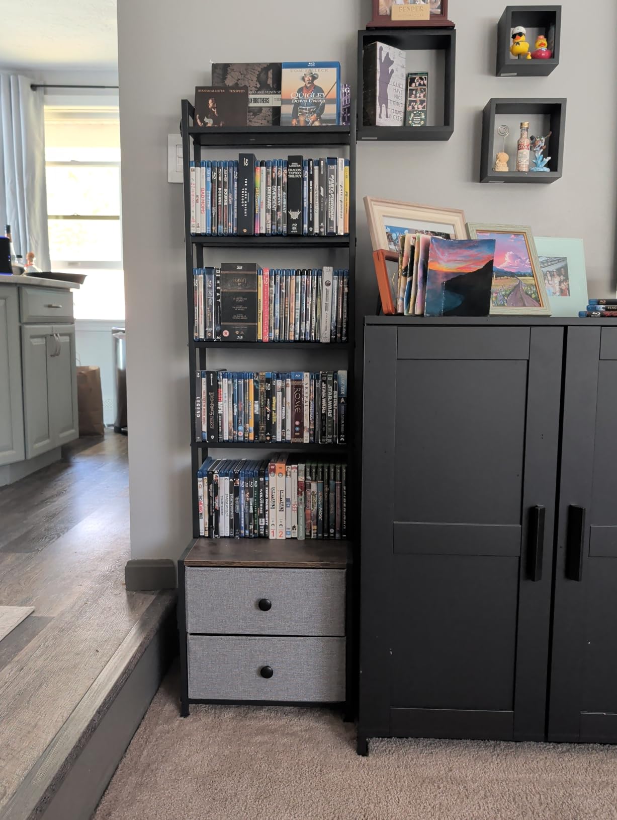 CD Storage Rack with Drawer, 5-Tier DVD Organizer Shelf w/Adjustable Book Stoppers, Media Storage Rack for CD/DVD, Books & Games, Ideal for Living Room & Home Office - 15.7x11.8x56.5Inches customer photo 2