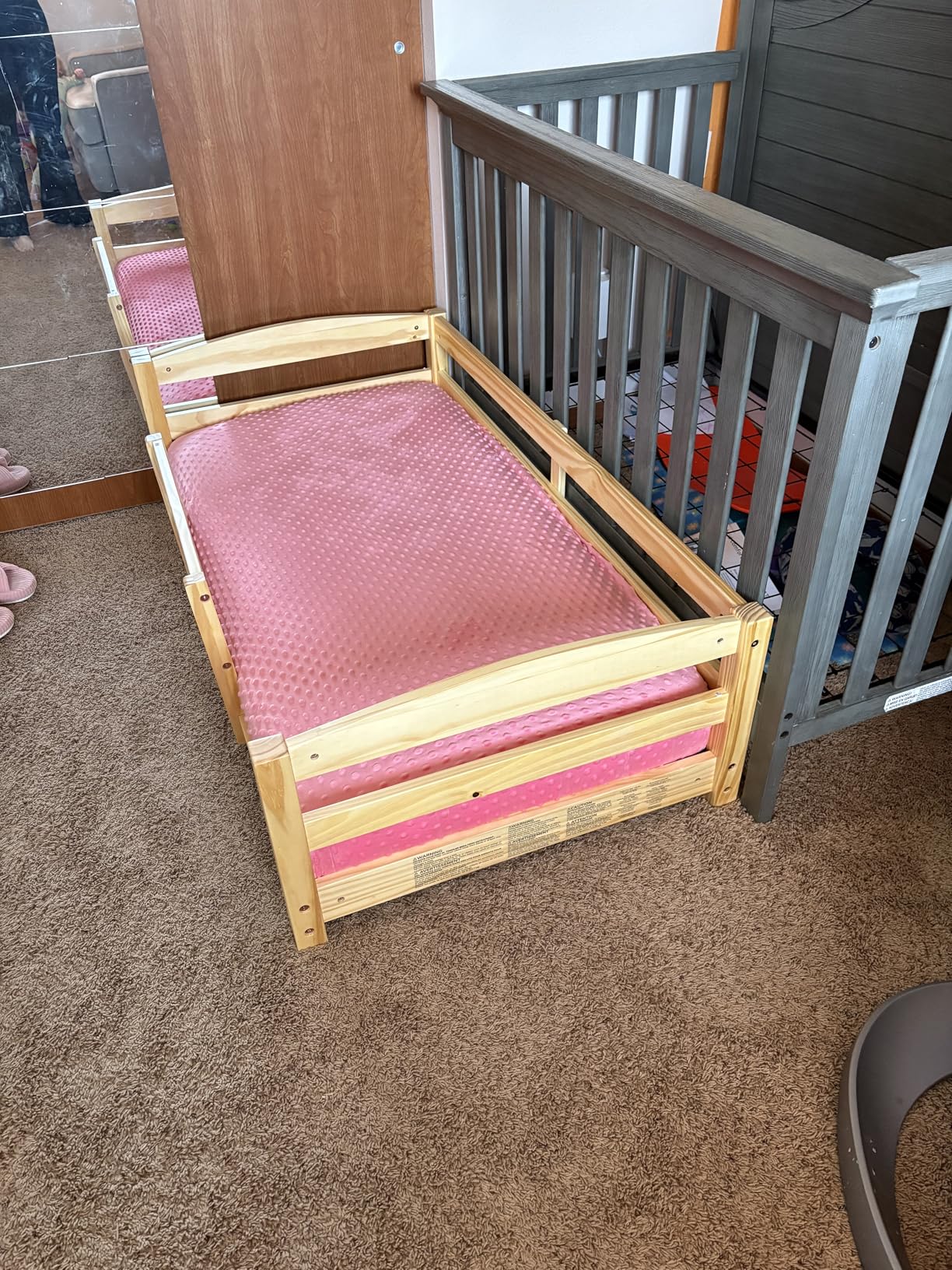 Ocodile Toddler Bed with Rails | Low Montessori Floor Bed Frame for Kids | Standard Crib Size Wooden Frame for Independent Toddlers 1-3 - Gray customer photo 1