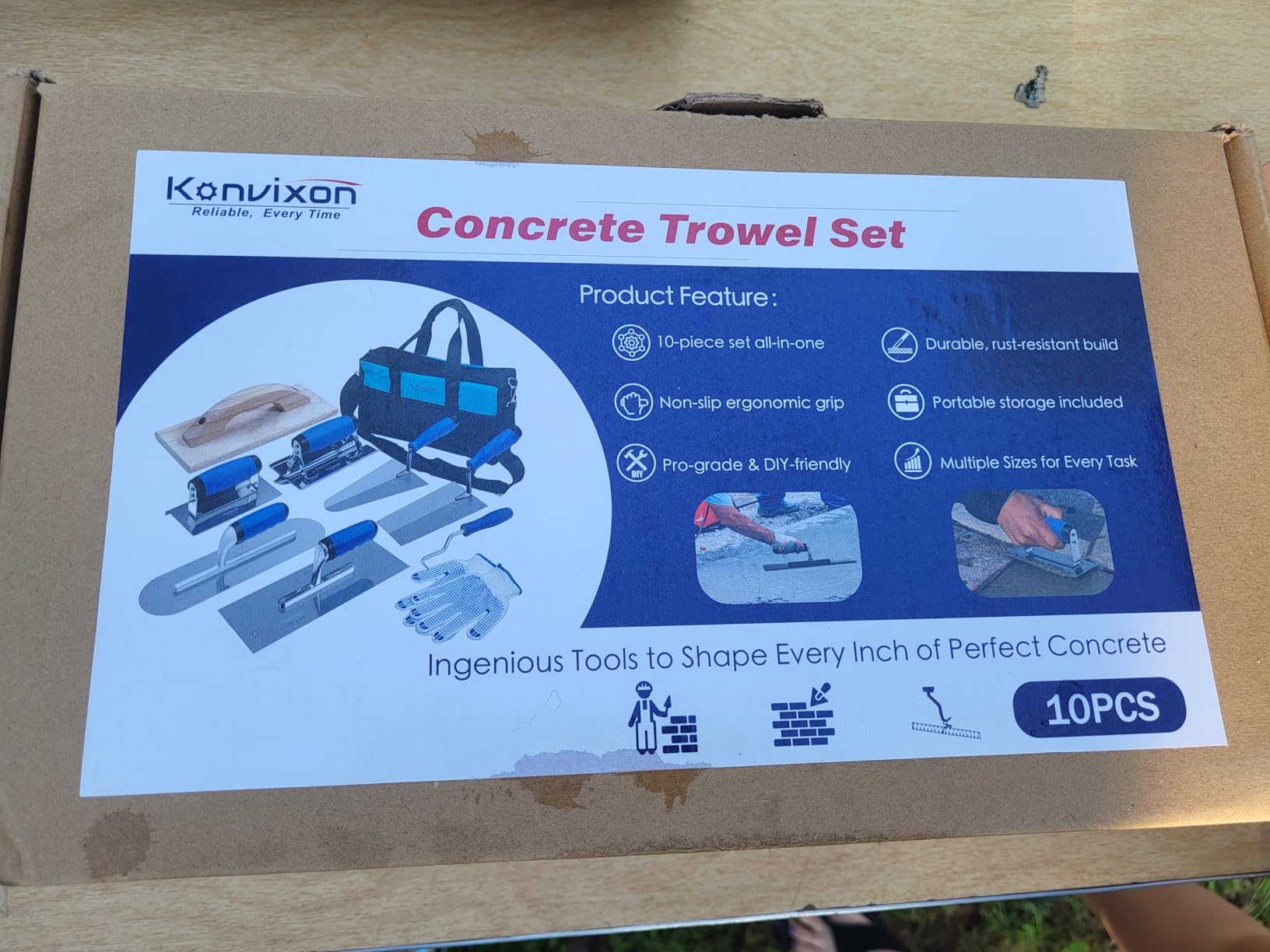 10PCS Concrete Trowel Set, Masonry Hand Tool Set Includes Large Flat Finishing and Pool Trowel, Wood Float, Concrete Edger and Groover, Margin Gauging, Wire Twister, Gloves & Carry Bag customer photo 2