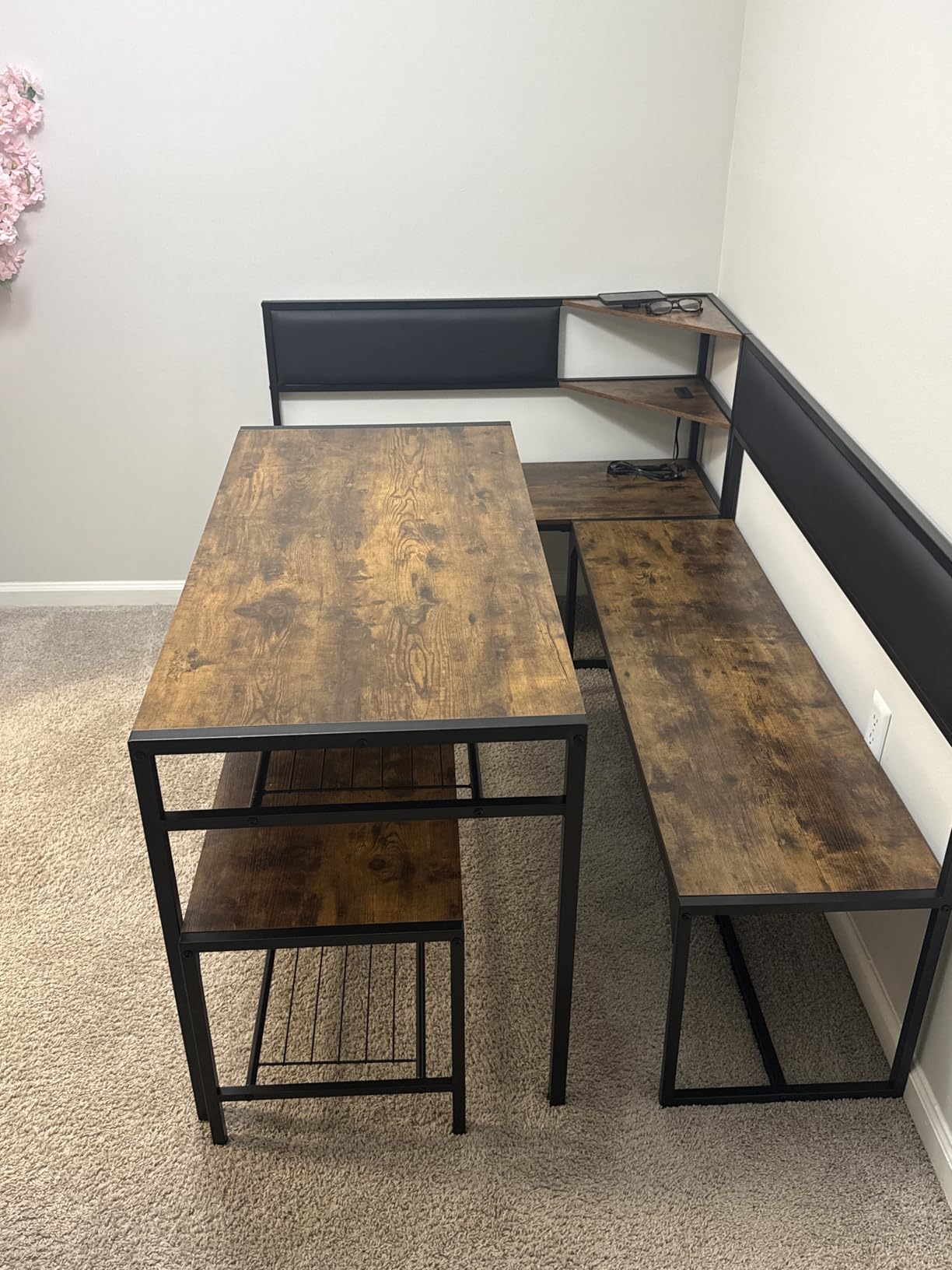 KEIKI 3-Piece Corner Dining Table Set for 4-6, Industrial Kitchen Table and Chair Sets with Storage & Bench, Farmhouse Rectangle Tables & L-shaped Seat for Living Room Breakfast Nook Restaurant, Brown customer photo 1