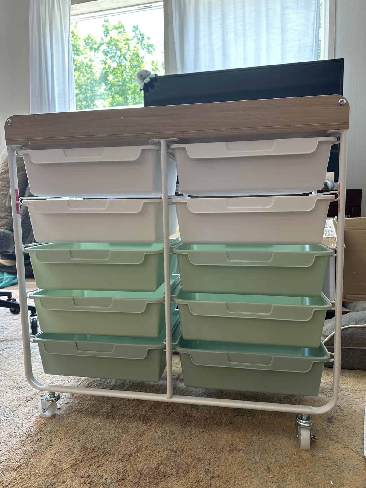 10 Drawers Rolling Cart with Wooden Tabletop, Utility Storage Cart with Wheels, Art Supply Craft Organizer on Wheel with Metal Frame & Handles for Home Office School,Green customer photo 2