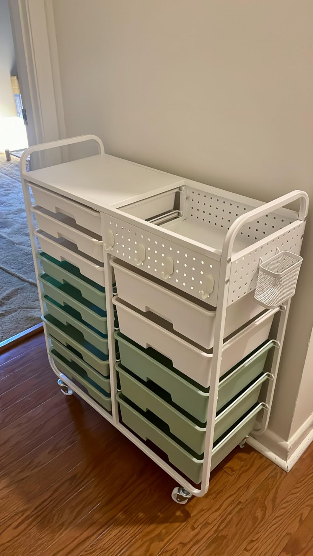 Rolling Storage Cart with 14 Drawers, Storage Organizer Cart with Tabletop and Pegboard,Utility Cart for Living Room, Classroom, Bedroom,Bathroom,Dorm,Office (Green) customer photo 1